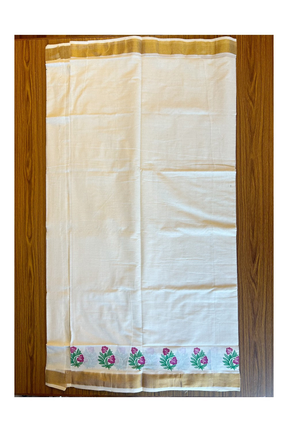 25% Discount! Kaitharikada Kerala Cotton Saree Off white - 12 inch Kasavu Zari with Purple Flower Pattern Kasavu Design- 31KK303VIN