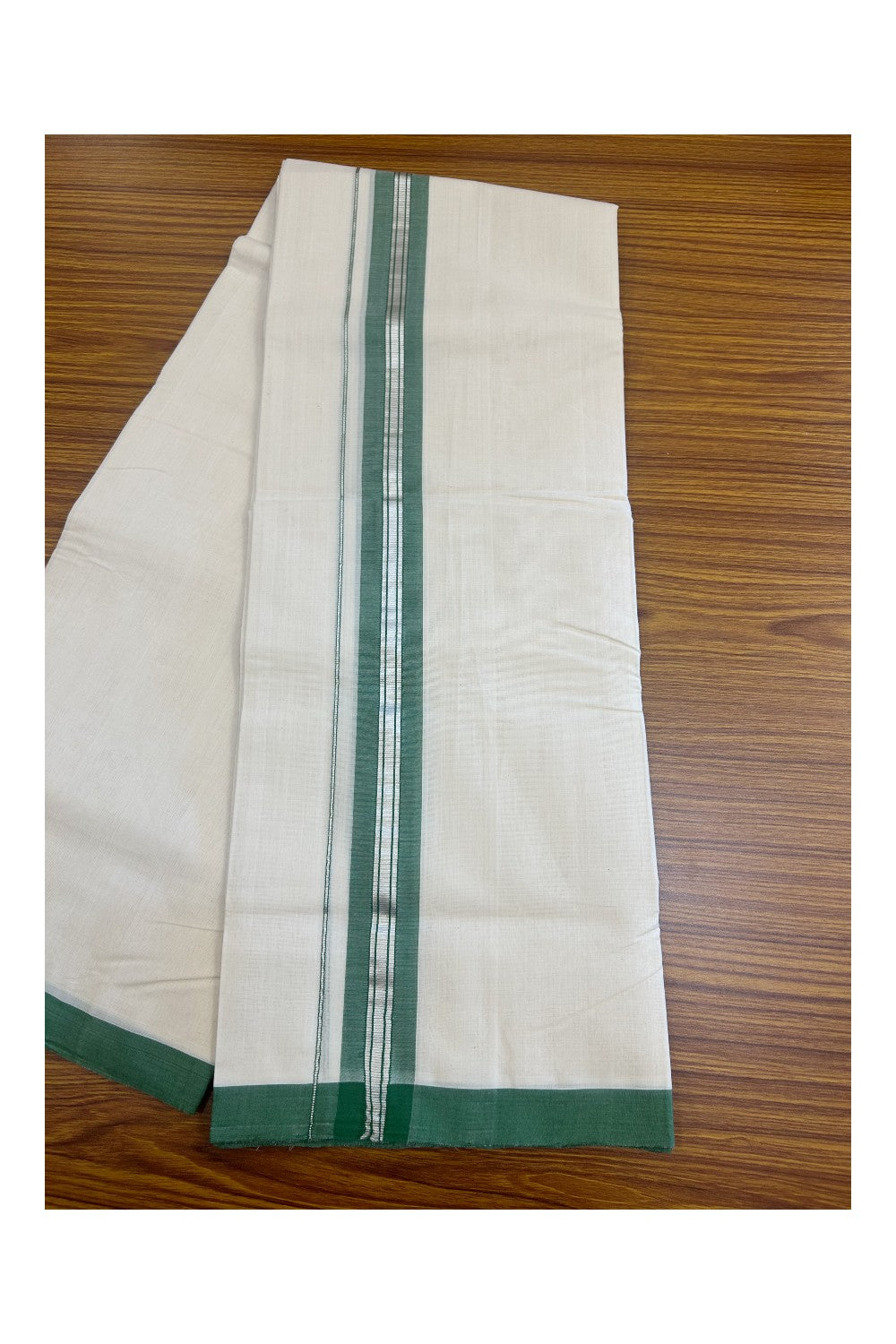 25% DISCOUNT!! KaithariKada HANDLOOM Millpaav Balaramapuram - 100% PURE Cotton OFF White Double - (Unbleached) Mundu/Dothi - 1.75 Inch Silver Kasav Green Kara - 31KK5153RAM