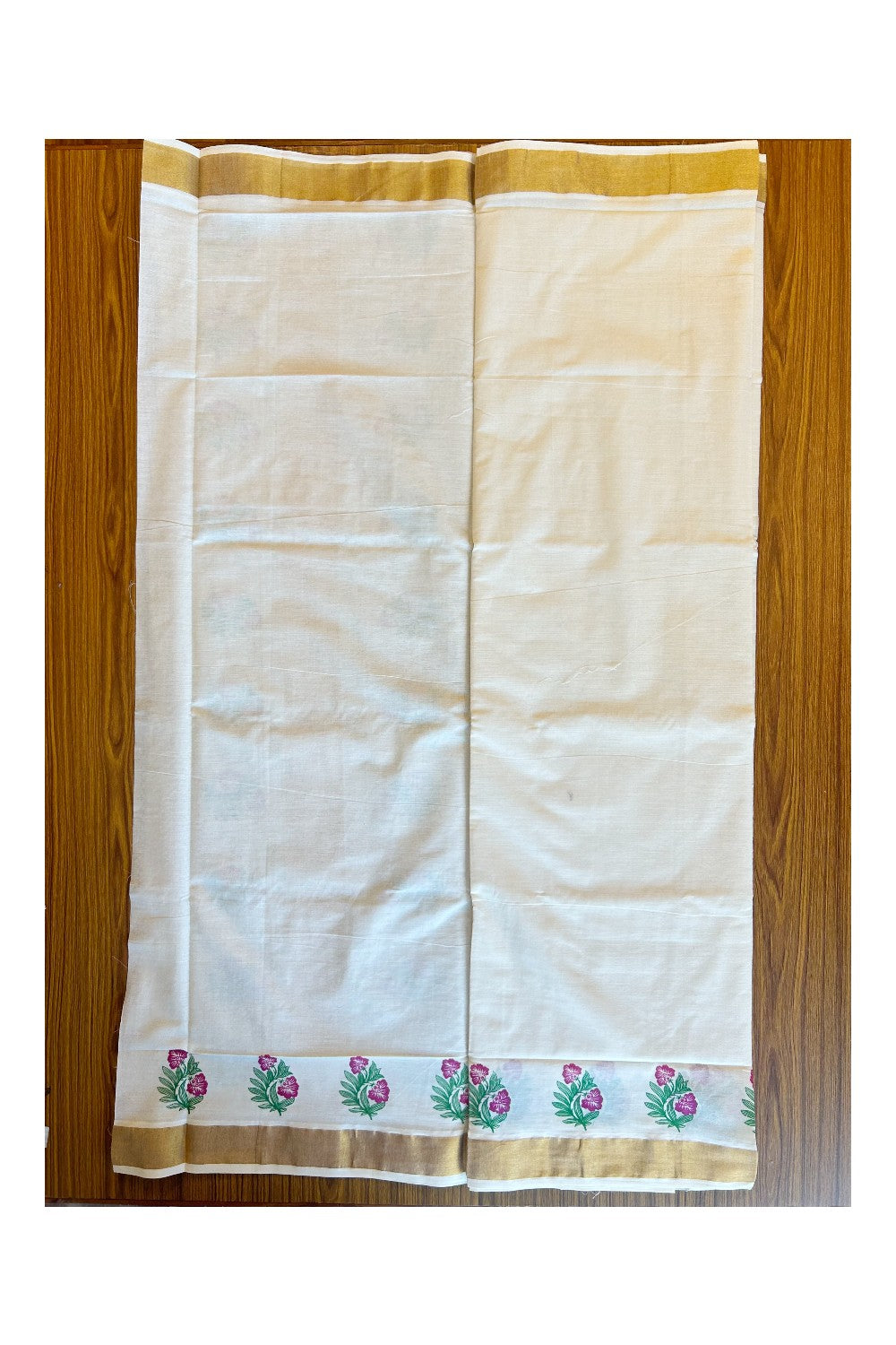 25% Discount! Kaitharikada Kerala Cotton Saree Off white - 12 inch Kasavu Zari with Purple Flower Pattern Kasavu Design- 31KK303VIN