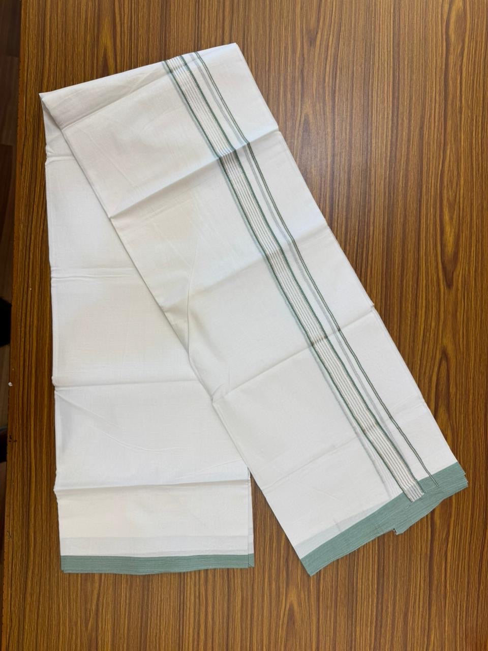 20% Discount ! Kaitharikada Balaramapuram 100% Cotton Pure White Double Mundu/Dothi - 100x80 - 0.75 inch Silver Kasav & Mint Green Striped Kara 4 mtr (8.5 muzham) - 58 KK5255 VAS