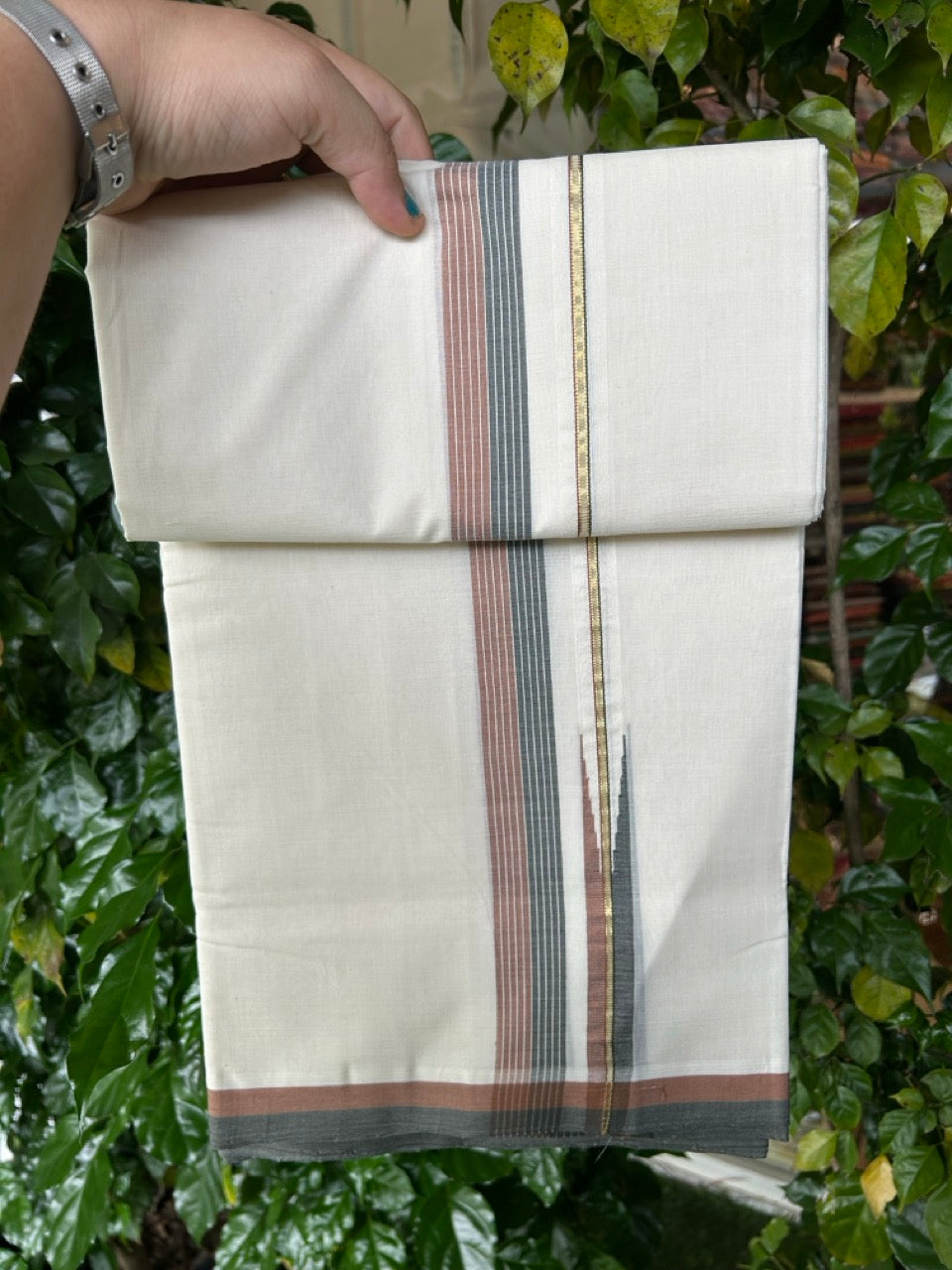 25% DISCOUNT!! KaithariKada HANDLOOM UNAKKUPAAV Balaramapuram - 100% PURE Cotton OFF White - (Unbleached) Double Mundu/Dothi - 100 x 80 - Black Brown Chutty Kara PURE JERRY - 4 meter - 32 KK5249 REA