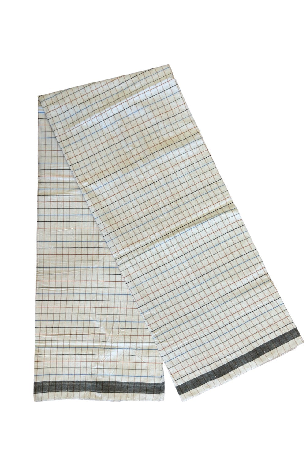 10% DISCOUNT ! KaithariKada Kalamachal 100% Pure Cotton - (80X80) Twisted Thread Handloom Single Mundu/Dhoti - White Check COLOUR BODY & Brown Green Blue striped Kara- 32KK479KAL