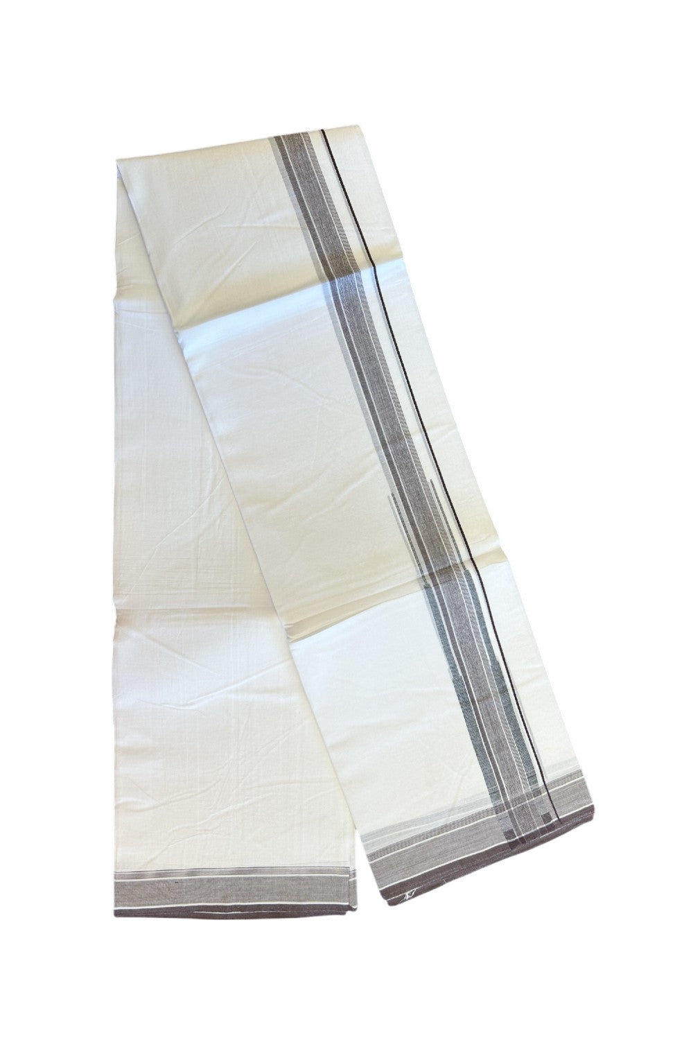 20% DISCOUNT!! Kaitharikada Balaramapuram 100% Cotton PURE WHITE Double Mundu/Dothi-80X90 - 1.75 Inch Chocolate Brown & Black Striped Chutty Kara 3.70m (8 Muzham) - 51KK5115THI