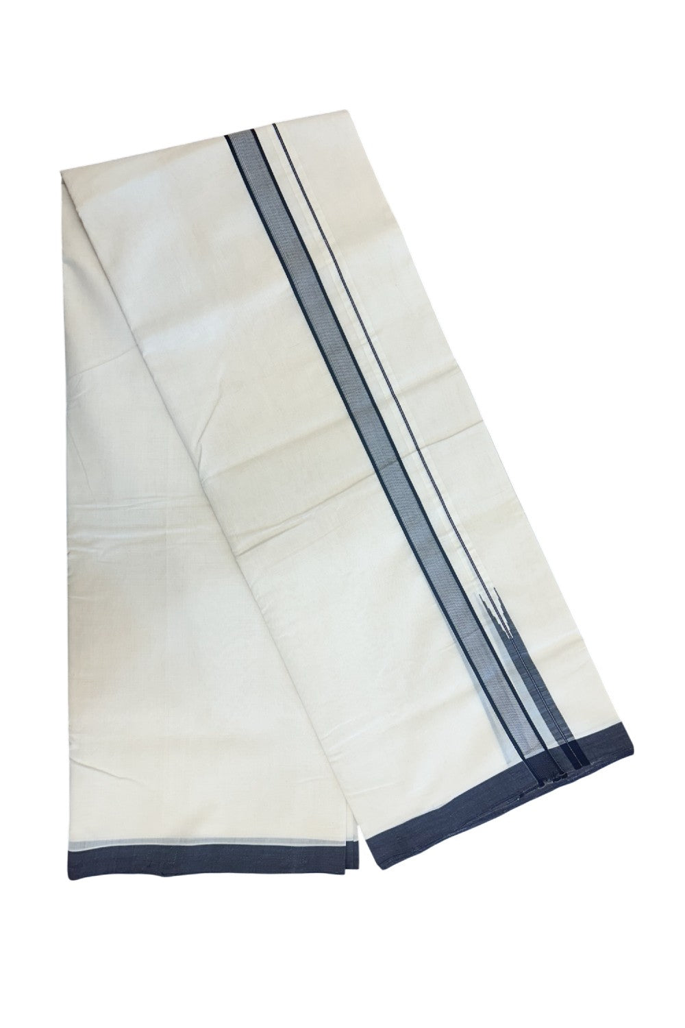 25% DISCOUNT!! KaithariKada HANDLOOM UNAKKUPAAV Balaramapuram - 100% PURE Cotton OFF White - (Unbleached) Double Mundu/Dothi - 100X100 - 1 inch Navy blue & white stripes Puliyilakkara chutty - 2KK5167REA