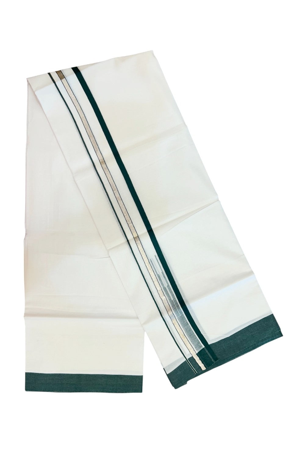 20% Discount ! Kaitharikada Balaramapuram 100% Cotton PURE WHITE Double Mundu/Dothi - 100x80 - 1.5 inch Silver Kasavu & Dark Green Striped chutty kara - 32KK5183VIN