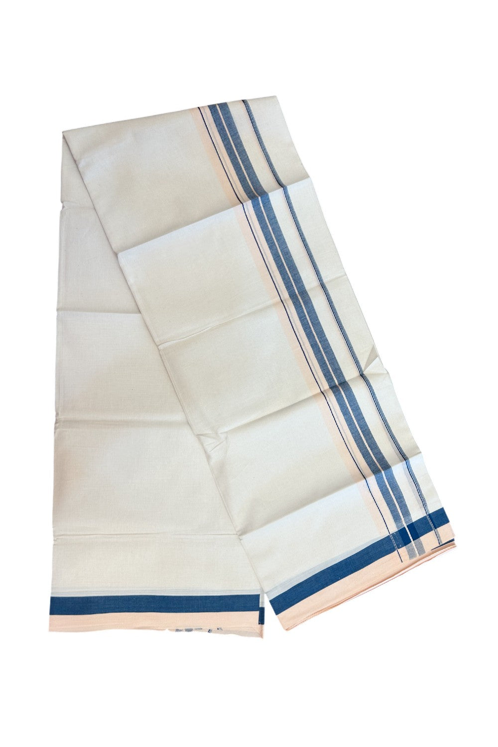 20% DISCOUNT !! KaithariKada Balaramapuram 100% Pure Cotton Double Off white - (Unbleached) Mundu/Dhoti-100x100 - 1.5 inch Puliyilakkara Silver Kasavu Light Peach & Peacock Blue Shaded Stripes Kara - 31KK5186CKS