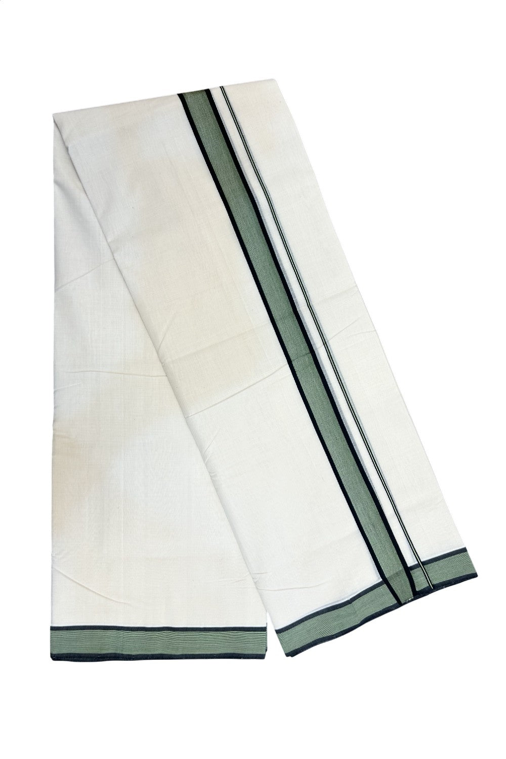 25% DISCOUNT!! KaithariKada HANDLOOM UNAKKUPAAV Balaramapuram - 100% PURE Cotton OFF White - (Unbleached) Double Mundu/Dothi - 80X100 - 1.5 inch Black & Green Striped Kara - 32KK5209 REA