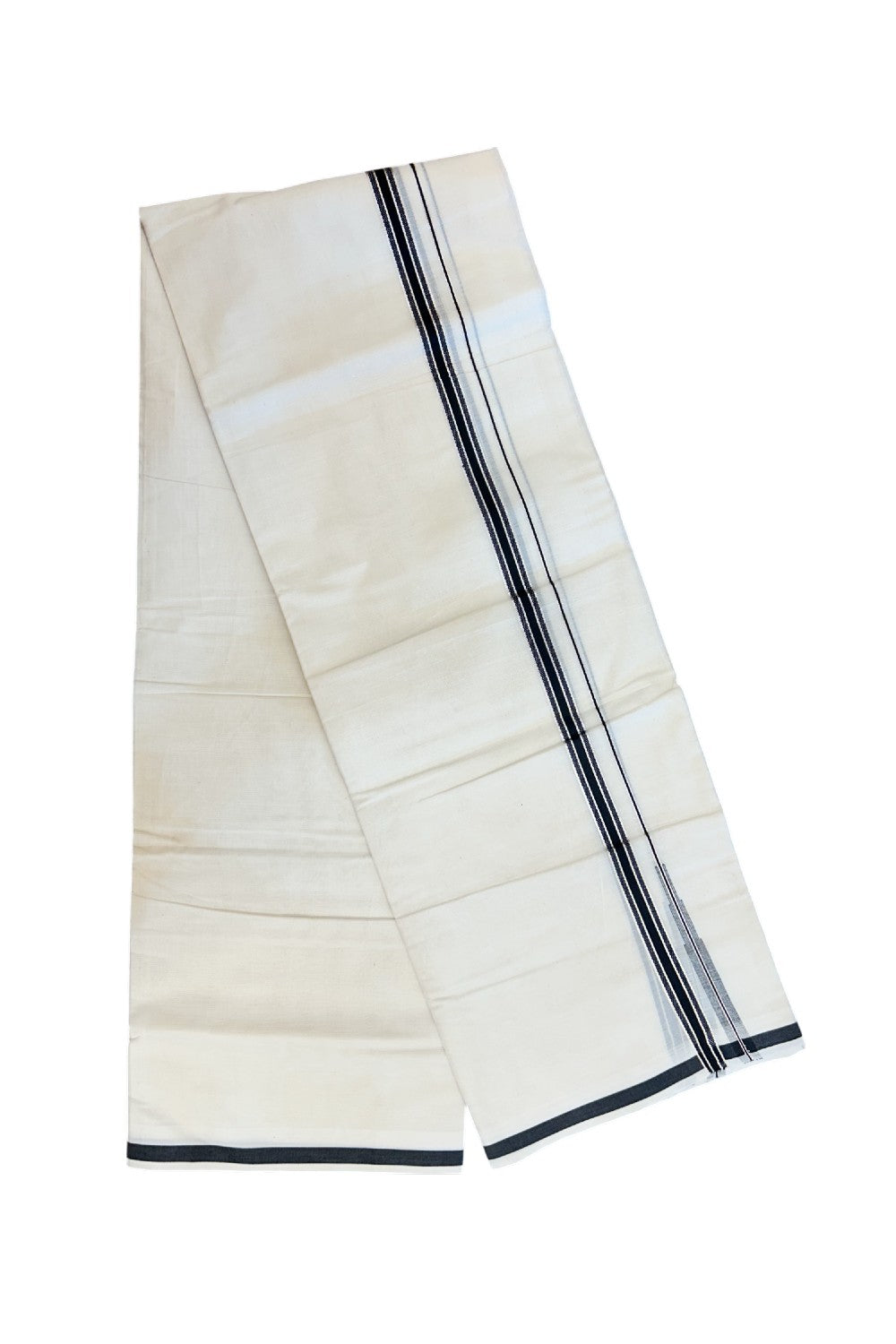20% Discount ! KaithariKada Balaramapuram 100% Cotton Double OFF WHITE - (Unbleached) - Mundu / Dhoti- 100x80 - 1.5 cm Silver kasavu Black Puliyilakkara chutty - 32KK5213 VIN