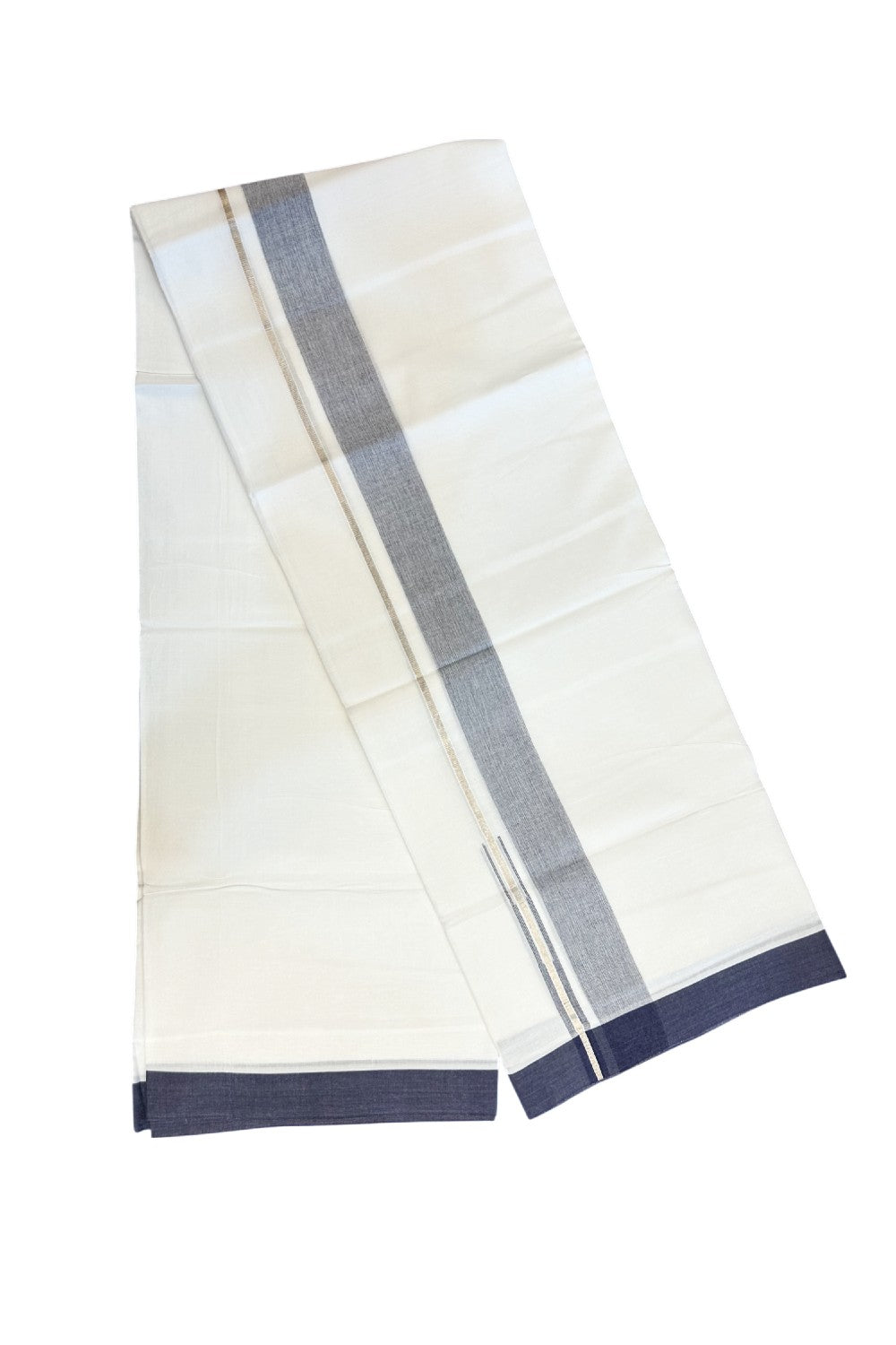 20% DISCOUNT!! Kaitharikada Balaramapuram 100% Pure Cotton PURE WHITE Double Mundu/Dothi - 100x80 - 1.75 Inch Silver Kasavu Navy Blue shaded Stripes Puliyilakkara Chutty - 32KK5217 CKS