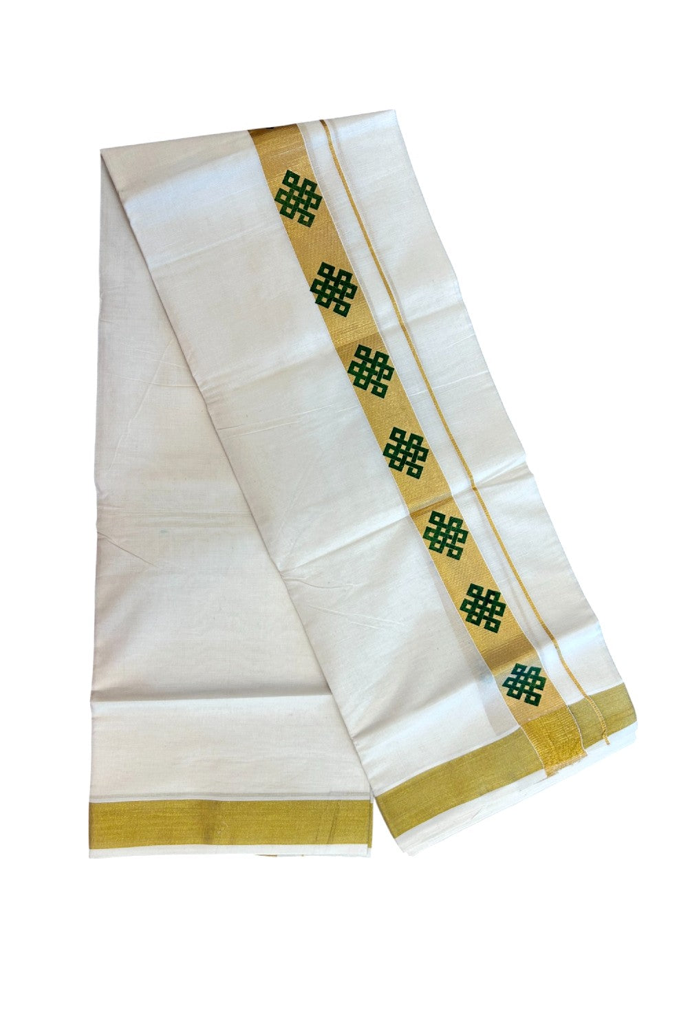 22% Discount!! KaithariKada Balaramapuram 100% Cotton DOUBLE OFF WHITE - (Ubleached) Mundu/Dhoti - 80x90 - 1.5 inch Gold Kasavu with Dark Green Printed Design Kara - 32KK5219 GAN