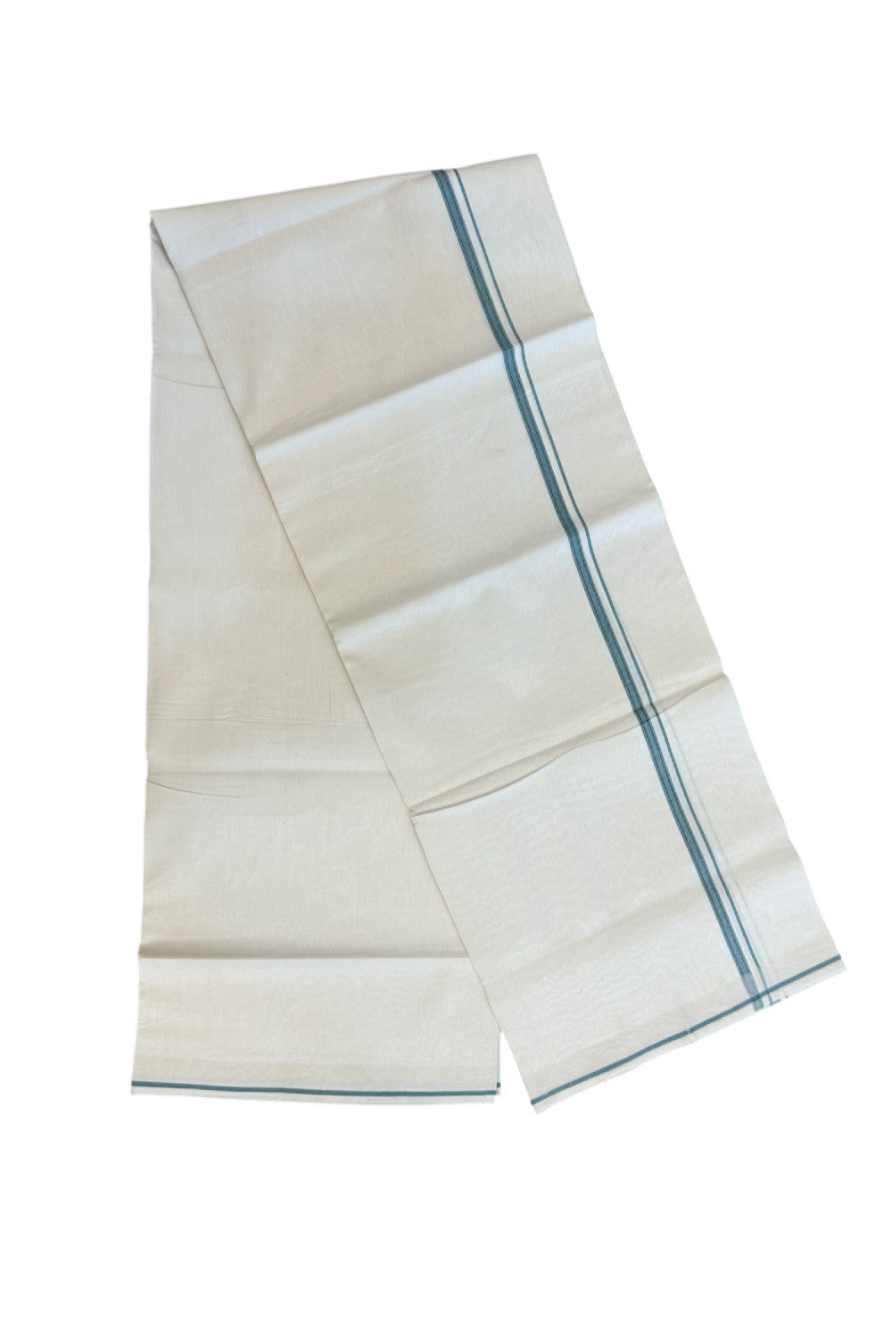 24% Discount !! KaithariKada Balaramapuram 100% Cotton OFF WHITE (Unbleached) Single Mundu/Dhoti - Twisted 60s Thread - 0.8 cm Teal shaded & Navy blue striped Kara (2 meter / 4 muzham) - 58KK5241 GL