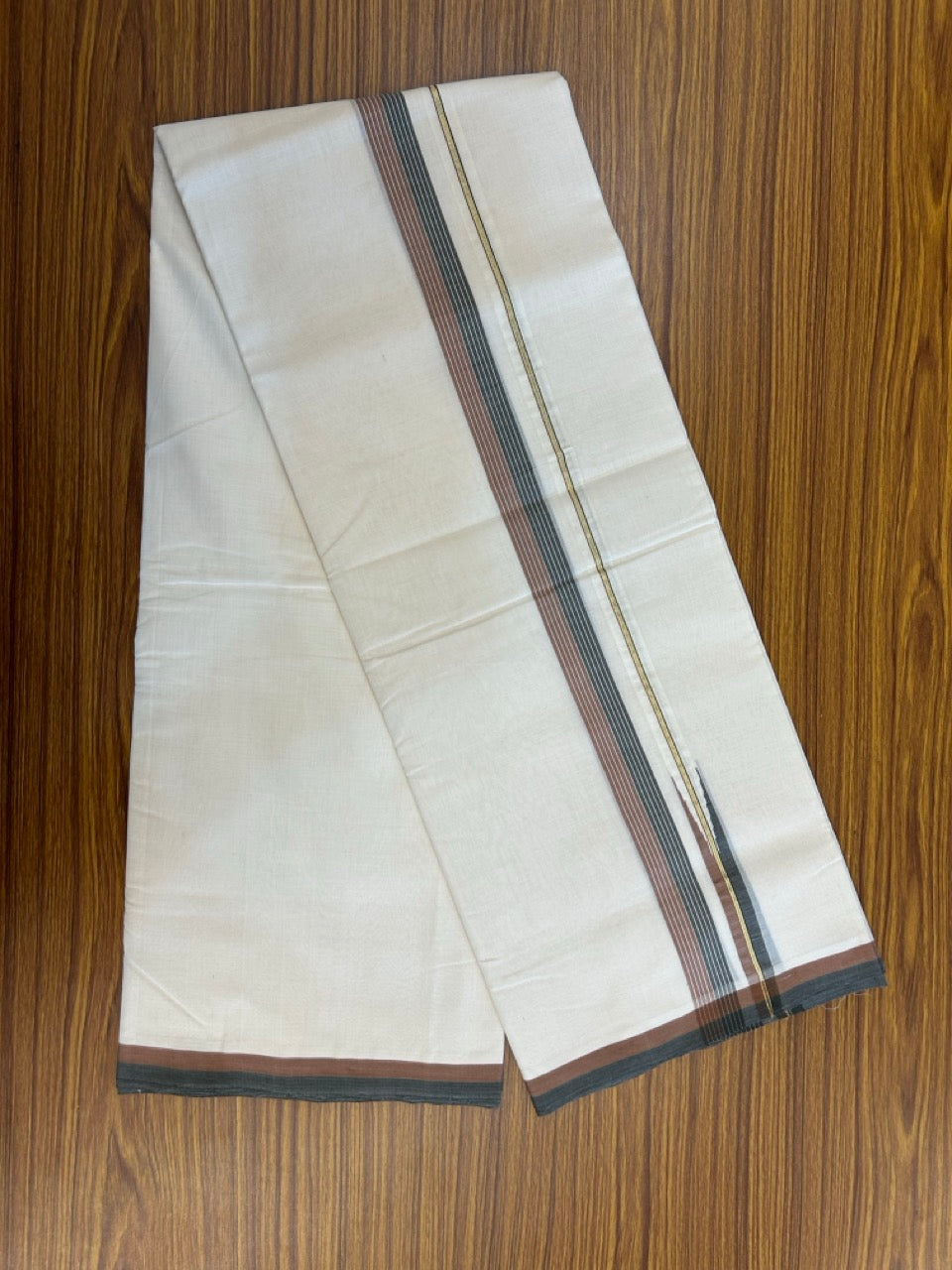 25% DISCOUNT!! KaithariKada HANDLOOM UNAKKUPAAV Balaramapuram - 100% PURE Cotton OFF White - (Unbleached) Double Mundu/Dothi - 100 x 80 - Black Brown Chutty Kara PURE JERRY - 4 meter - 32 KK5249 REA