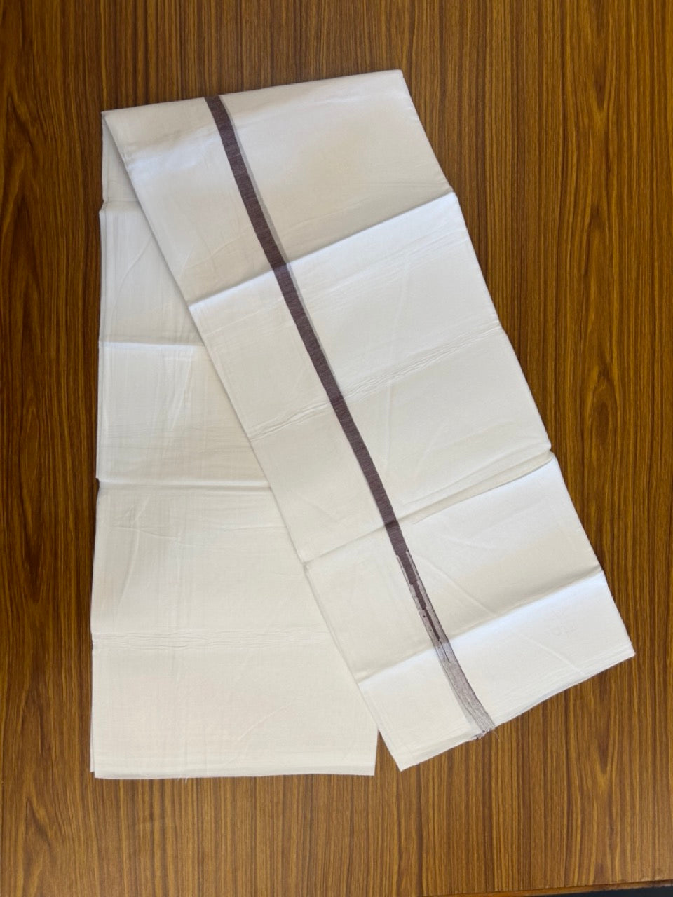 20% DISCOUNT!! NEW!! KaithariKada Balaramapuram 100% Cotton PURE WHITE Double Mundu/Dhoti - (100x80)s - 0.5 inch Dark Wine Kara chutty - 32 KK5249 VIN