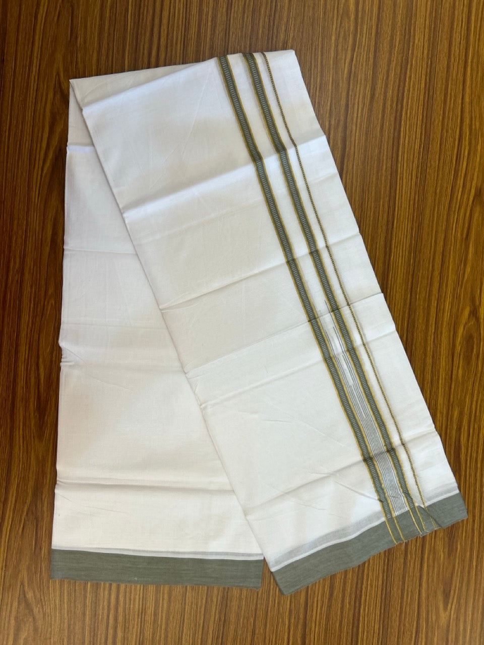24% Discount! KaithariKada Balaramapuram 100% Cotton Pure white Double Mundu/Dhoti - (100x80)s - 1.5 inch Puliyilakkara Ash grey Stripes Chutty Gold Kasav - 32 KK5258 THI