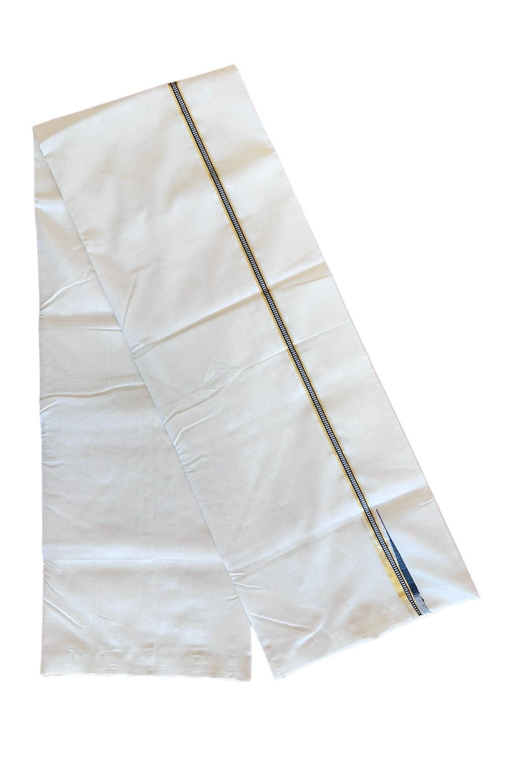 30% DISCOUNT!! KaithariKada HANDLOOM UNAKKUPAAV Balaramapuram - 100% PURE Cotton OFF White (Unbleached) Double Mundu/Dothi - Kasav Black Muthukkuri Chutty Puliyilakkara 3.70m (8 Muzham) -32KK56RAM