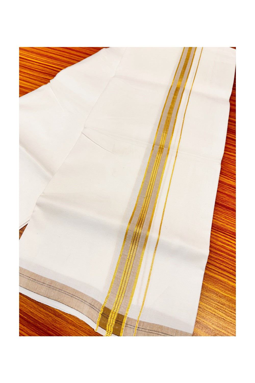 25% OFFER! KaithariKada 100% Cotton Balaramapuram HANDLOOM Single PURE WHITE Mundu/Dhoti - 1.75 inch (2 meter / 4 muzham) Light Brown Kasavu Kara & Stripes Design - 32KAI.