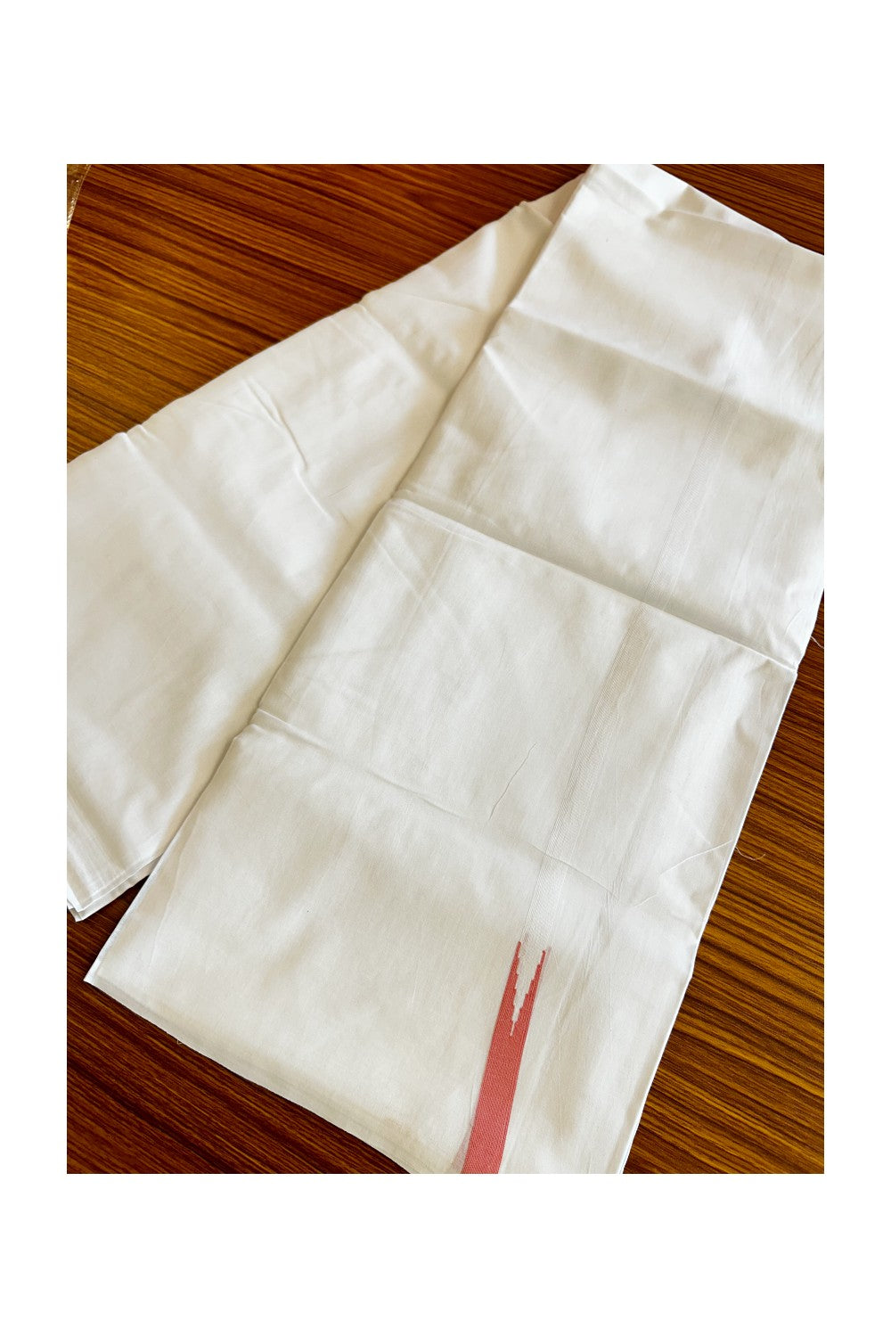 23% DISCOUNT!! KaithariKada Balaramapuram 100% Cotton PURE WHITE Double Mundu/Dhoti-100x100 - 1.cm Puliyilakkara Chutty PEACH KARA.