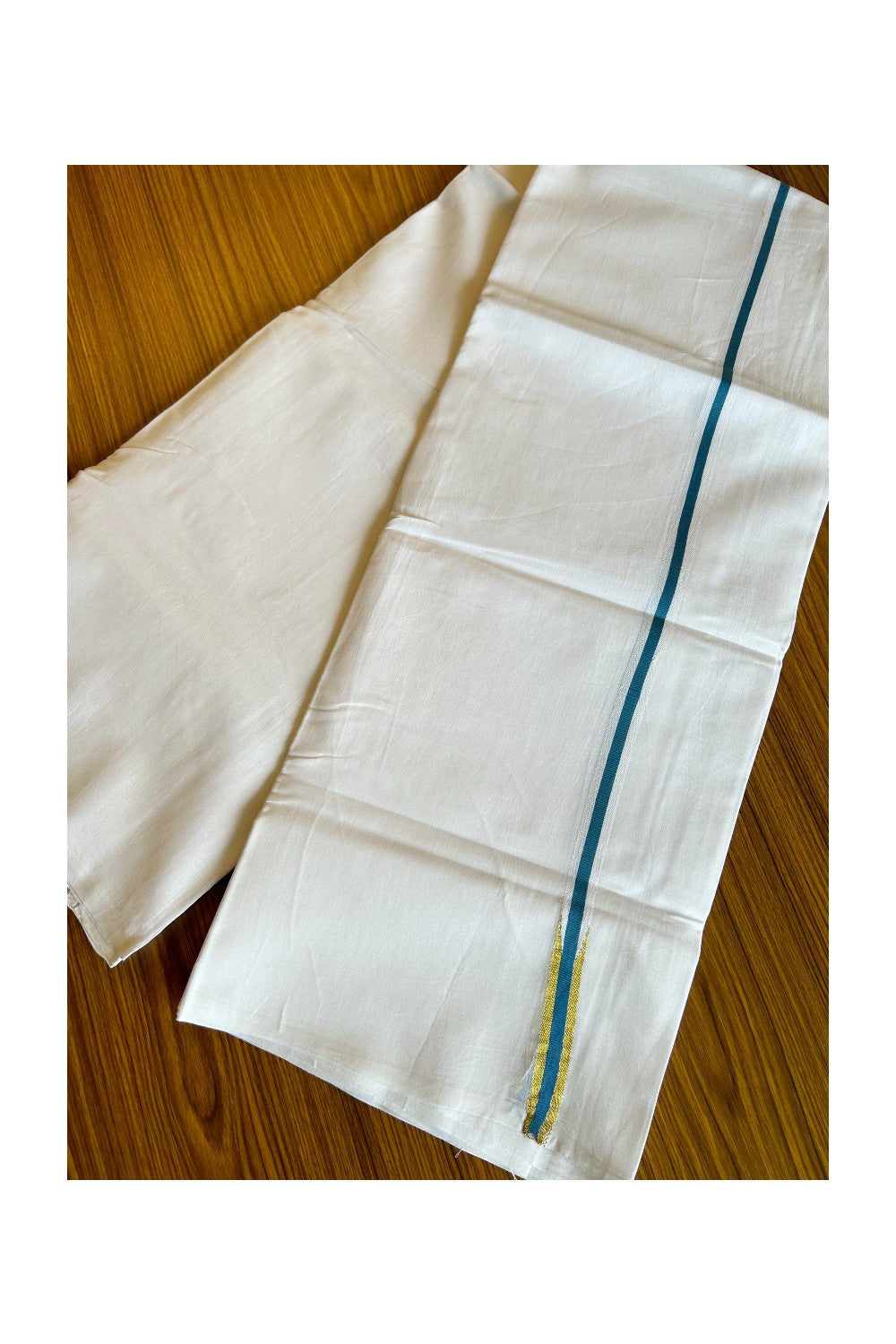 19% DISCOUNT!! KaithariKada Balaramapuram 100% Cotton PURE WHITE Double Mundu/Dhoti-100x100 1.5 cm Puliyilakkara peacock blue & kasavu chutty - 32KK412ASH