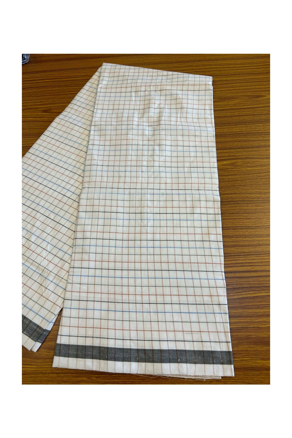 10% DISCOUNT ! KaithariKada Kalamachal 100% Pure Cotton - (80X80) Twisted Thread Handloom Single Mundu/Dhoti - White Check COLOUR BODY & Brown Green Blue striped Kara- 32KK479KAL