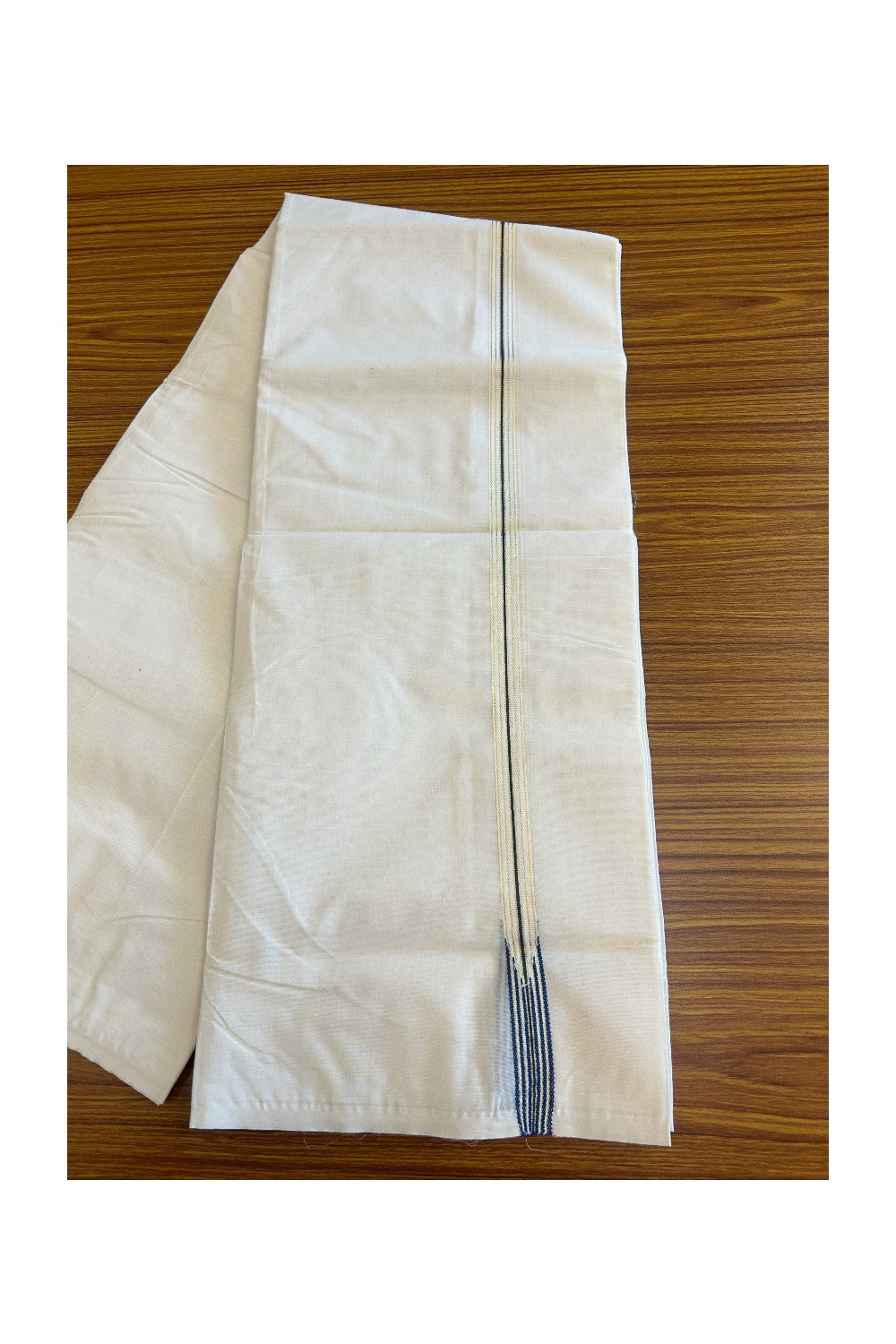 LATEST!! 22 % DISCOUNT ! KaithariKada Balaramapuram 100% Cotton Double Off white - (Unbleached) Mundu/Dhoti-100x100 0.75 inch Chutty Puliyilakkara PEACOCK BLUE & Gold Kasavu Kara- 4