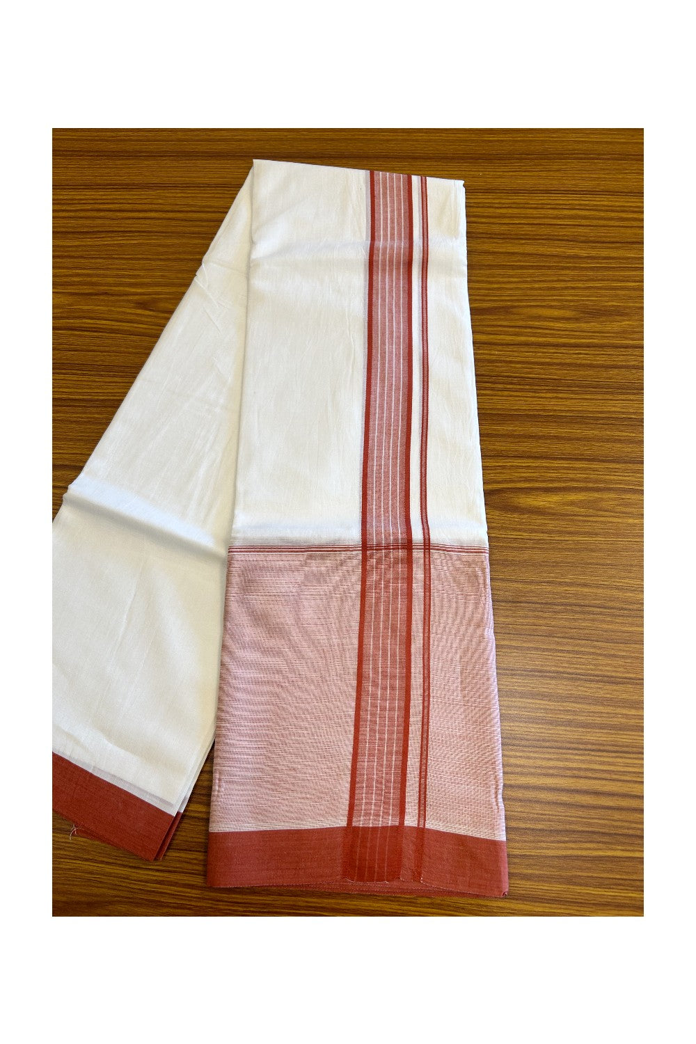 15% DISCOUNT!! Kaitharikada Balaramapuram 100% Cotton PURE WHITE Double Mundu/Dothi-100x100 - 2 Inch RED Striped Cotton Kara 3.75m (8 Muzham) - 32KK5067KK