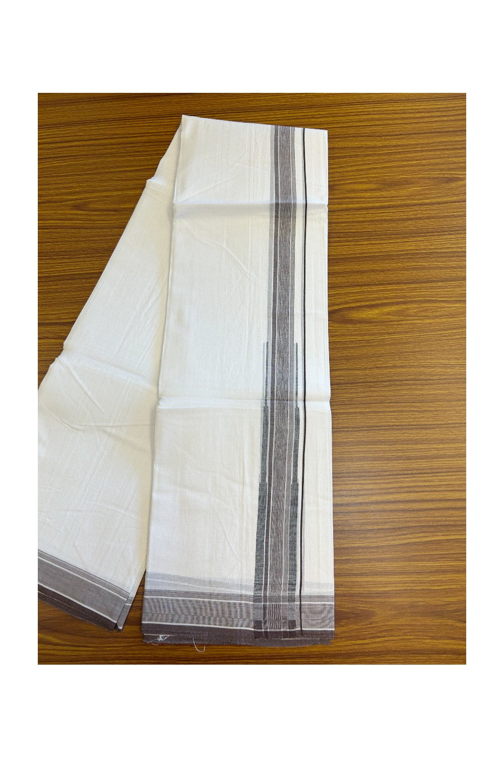 20% DISCOUNT!! Kaitharikada Balaramapuram 100% Cotton PURE WHITE Double Mundu/Dothi-80X90 - 1.75 Inch Chocolate Brown & Black Striped Chutty Kara 3.70m (8 Muzham) - 51KK5115THI