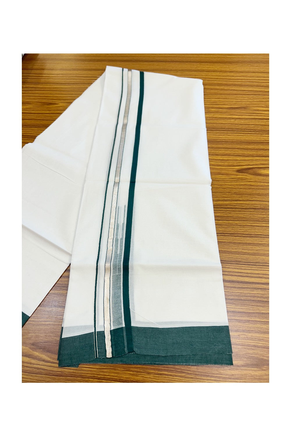 20% Discount ! Kaitharikada Balaramapuram 100% Cotton PURE WHITE Double Mundu/Dothi - 100x80 - 1.5 inch Silver Kasavu & Dark Green Striped chutty kara - 32KK5183VIN