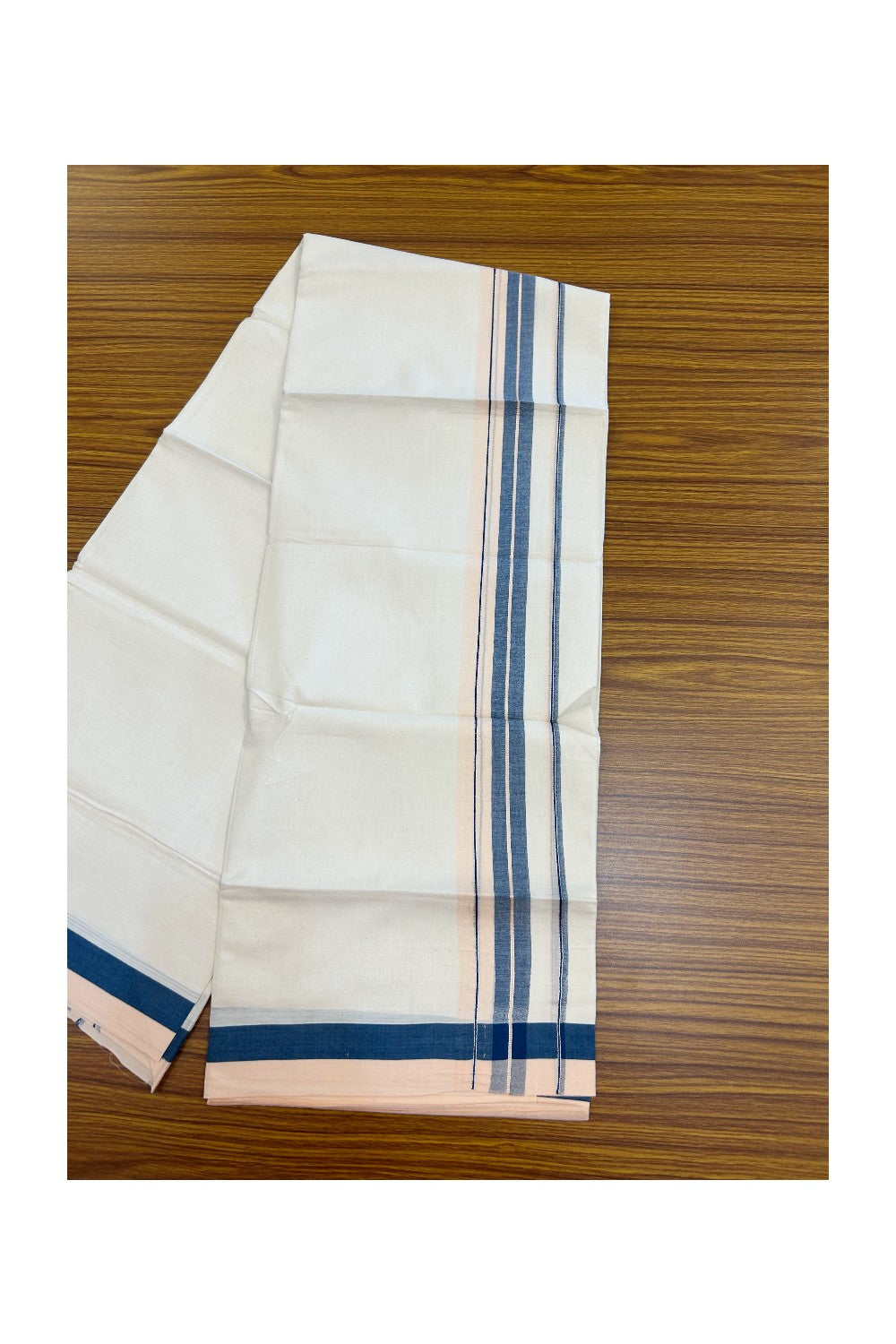 20% DISCOUNT !! KaithariKada Balaramapuram 100% Pure Cotton Double Off white - (Unbleached) Mundu/Dhoti-100x100 - 1.5 inch Puliyilakkara Silver Kasavu Light Peach & Peacock Blue Shaded Stripes Kara - 31KK5186CKS