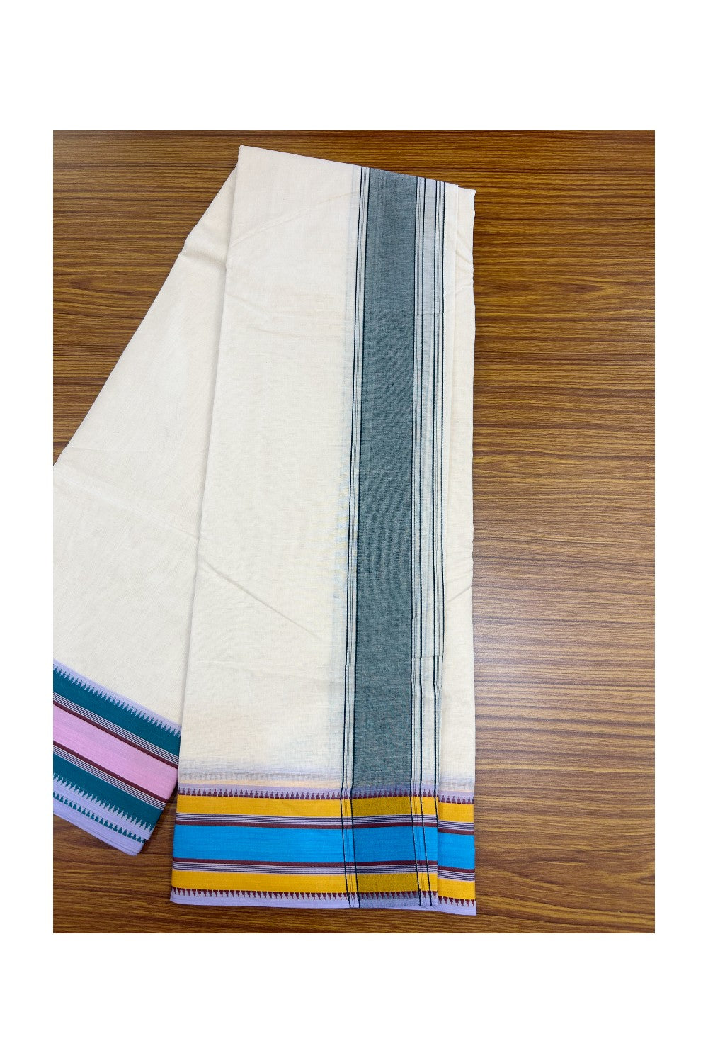 20% DISCOUNT! KaithariKada 100% Cotton Off White - (Unbleached) - Pure Cotton -100x100 thread - NORTH INDIAN - ATTACHED GAMCHA 9X5 Dhoti Dark green kara with Orange Blue & Green Pink Brown Striped border - 32KK5196PMC