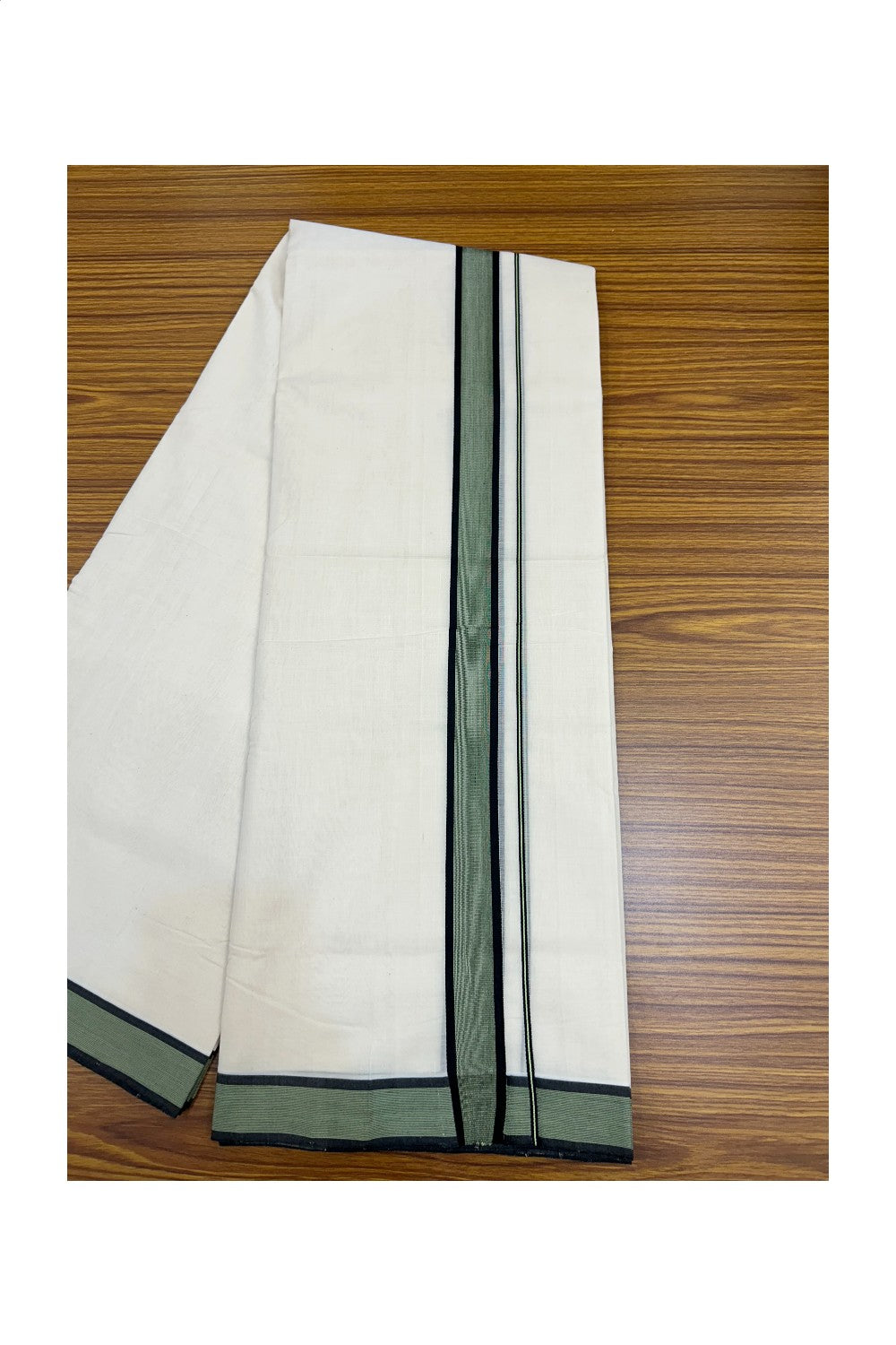 25% DISCOUNT!! KaithariKada HANDLOOM UNAKKUPAAV Balaramapuram - 100% PURE Cotton OFF White - (Unbleached) Double Mundu/Dothi - 80X100 - 1.5 inch Black & Green Striped Kara - 32KK5209 REA