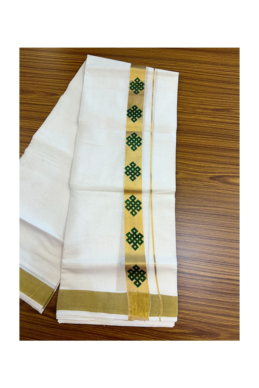 22% Discount!! KaithariKada Balaramapuram 100% Cotton DOUBLE OFF WHITE - (Ubleached) Mundu/Dhoti - 80x90 - 1.5 inch Gold Kasavu with Dark Green Printed Design Kara - 32KK5219 GAN