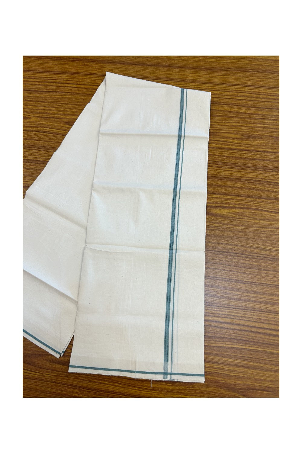 24% Discount !! KaithariKada Balaramapuram 100% Cotton OFF WHITE (Unbleached) Single Mundu/Dhoti - Twisted 60s Thread - 0.8 cm Teal shaded & Navy blue striped Kara (2 meter / 4 muzham) - 58KK5241 GL
