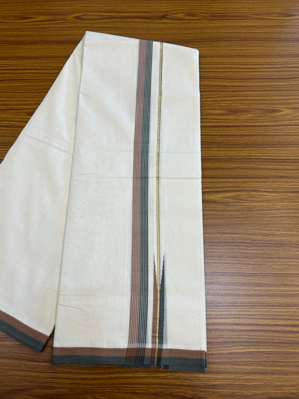 25% DISCOUNT!! KaithariKada HANDLOOM UNAKKUPAAV Balaramapuram - 100% PURE Cotton OFF White - (Unbleached) Double Mundu/Dothi - 100 x 80 - Black Brown Chutty Kara PURE JERRY - 4 meter - 32 KK5249 REA