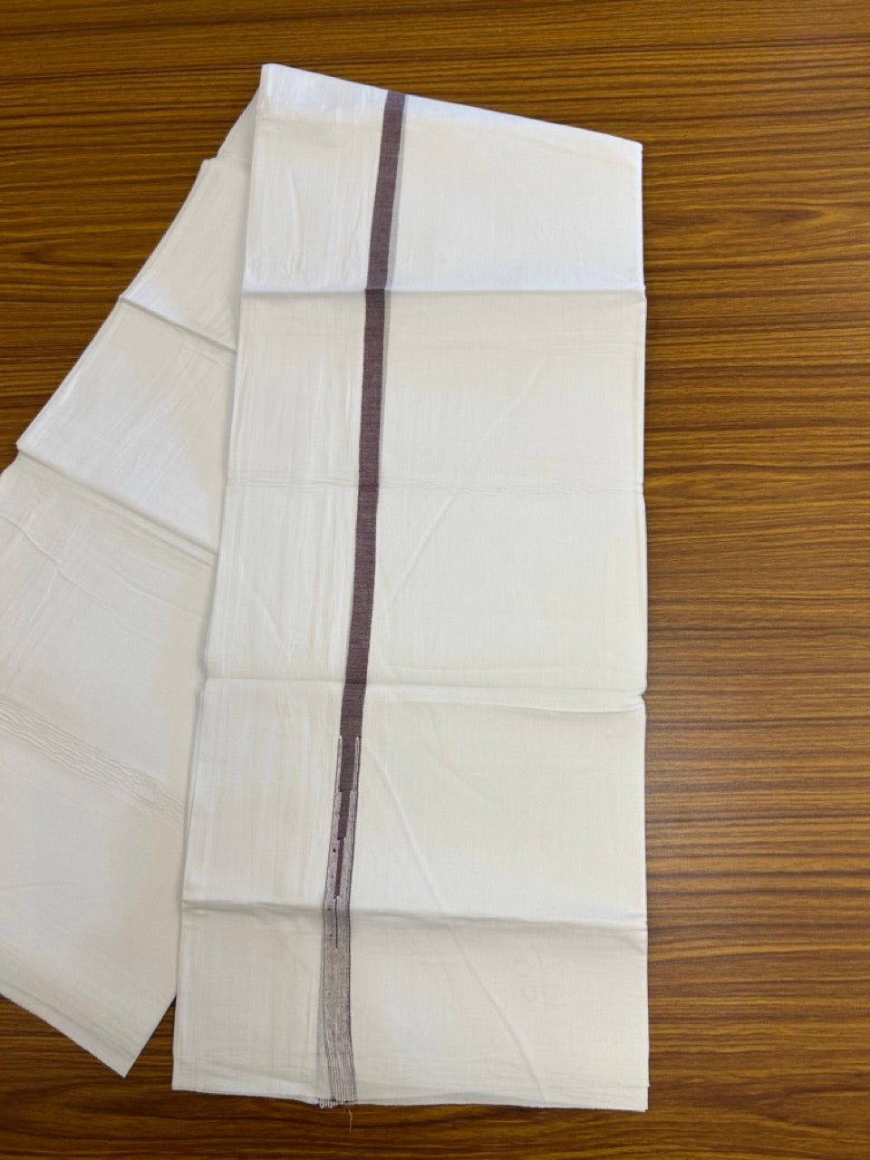 20% DISCOUNT!! NEW!! KaithariKada Balaramapuram 100% Cotton PURE WHITE Double Mundu/Dhoti - (100x80)s - 0.5 inch Dark Wine Kara chutty - 32 KK5249 VIN