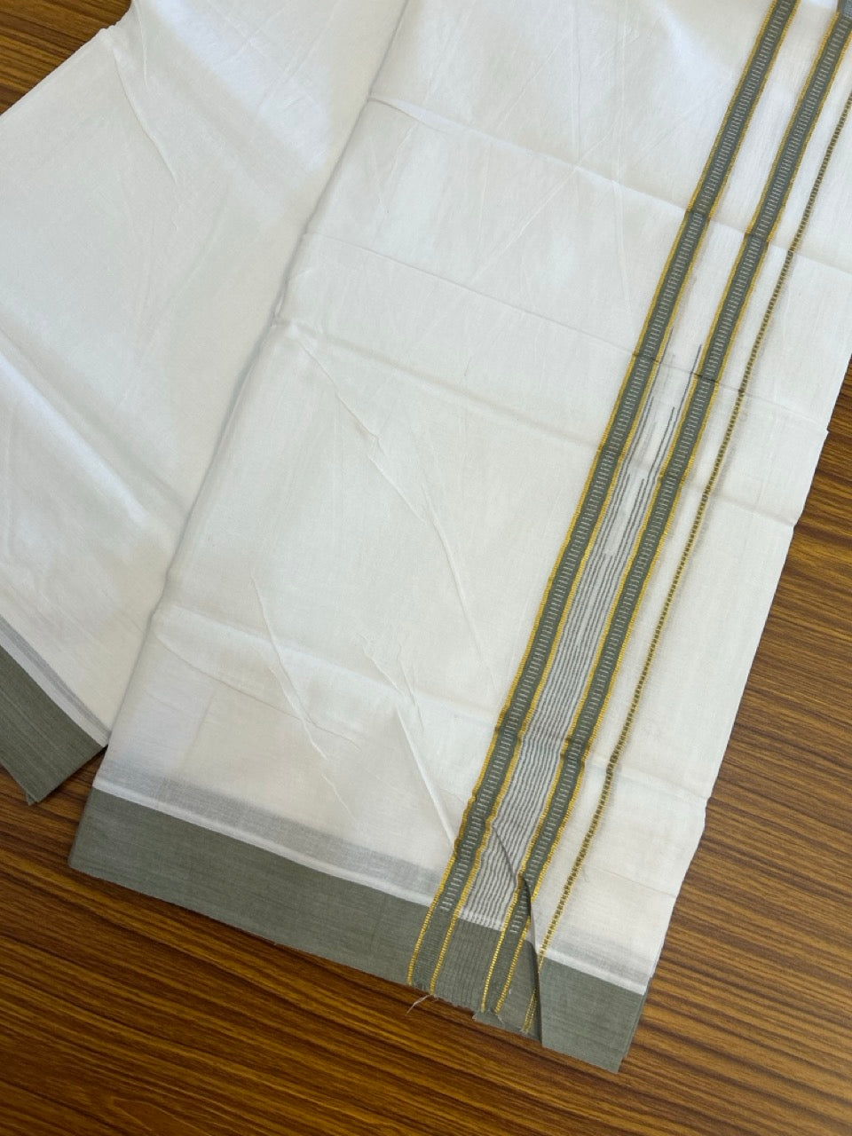 24% Discount! KaithariKada Balaramapuram 100% Cotton Pure white Double Mundu/Dhoti - (100x80)s - 1.5 inch Puliyilakkara Ash grey Stripes Chutty Gold Kasav - 32 KK5258 THI