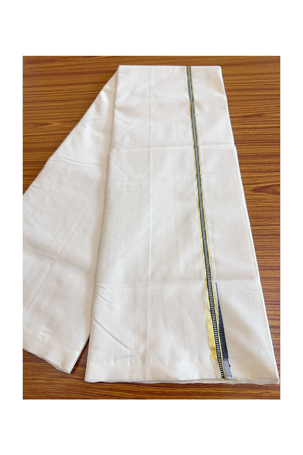 30% DISCOUNT!! KaithariKada HANDLOOM UNAKKUPAAV Balaramapuram - 100% PURE Cotton OFF White (Unbleached) Double Mundu/Dothi - Kasav Black Muthukkuri Chutty Puliyilakkara 3.70m (8 Muzham) -32KK56RAM