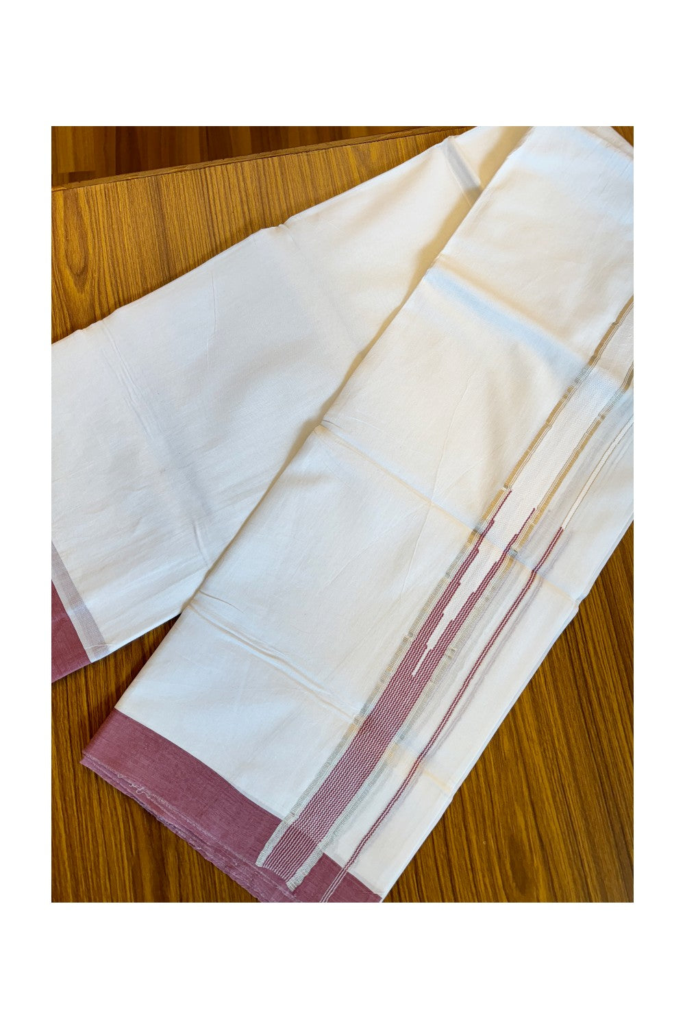 21% DISCOUNT! KaithariKada Balaramapuram 100% Cotton Double PURE white Mundu/Dhoti-100x92 2 Inch Heavy Designer Chutty LIGHT MAROON & Silver Kasavu Kara- 32KK84CEE