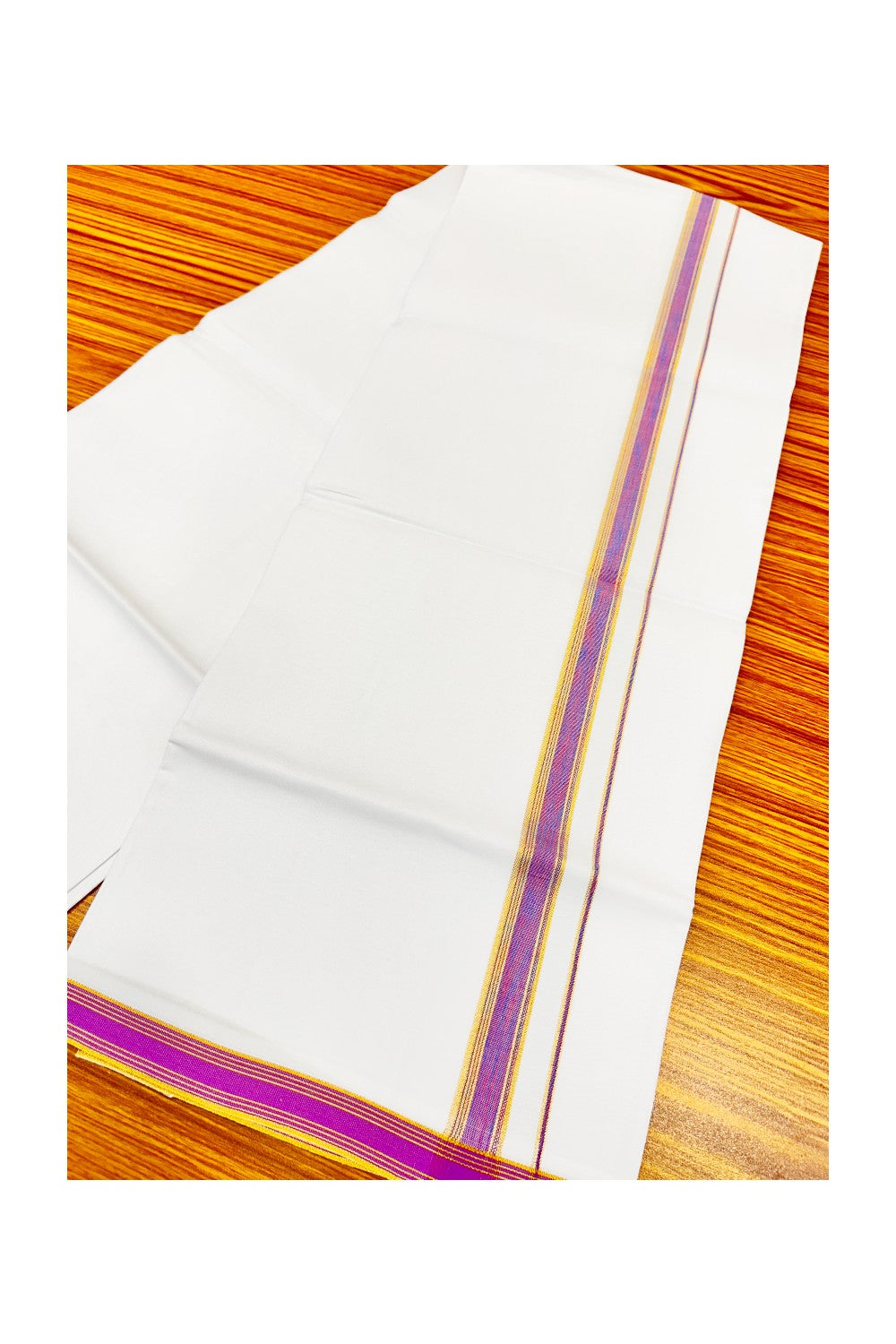 20% OFFER!! KaithariKada 100% Cotton PURE WHITE SINGLE Mundu/Dhoti-40X40 Designer Violet+Pink & Kasavu 3.5 cm (2 meter / 4 muzham) Kara- 32sar