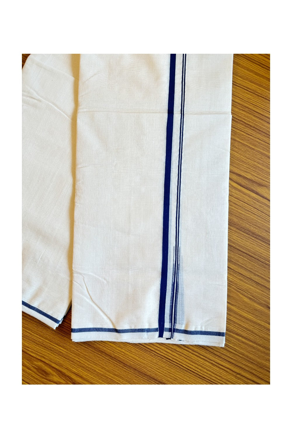 25% Discount!! KaithariKada Handloom Millpaav Balaramapuram - 100% Pure Cotton Off White (Unbleached) - 100x100 Double Mundu/Dhoti - Puliyilakkara Chutty Navy Blue Kara - 32KK203RAM