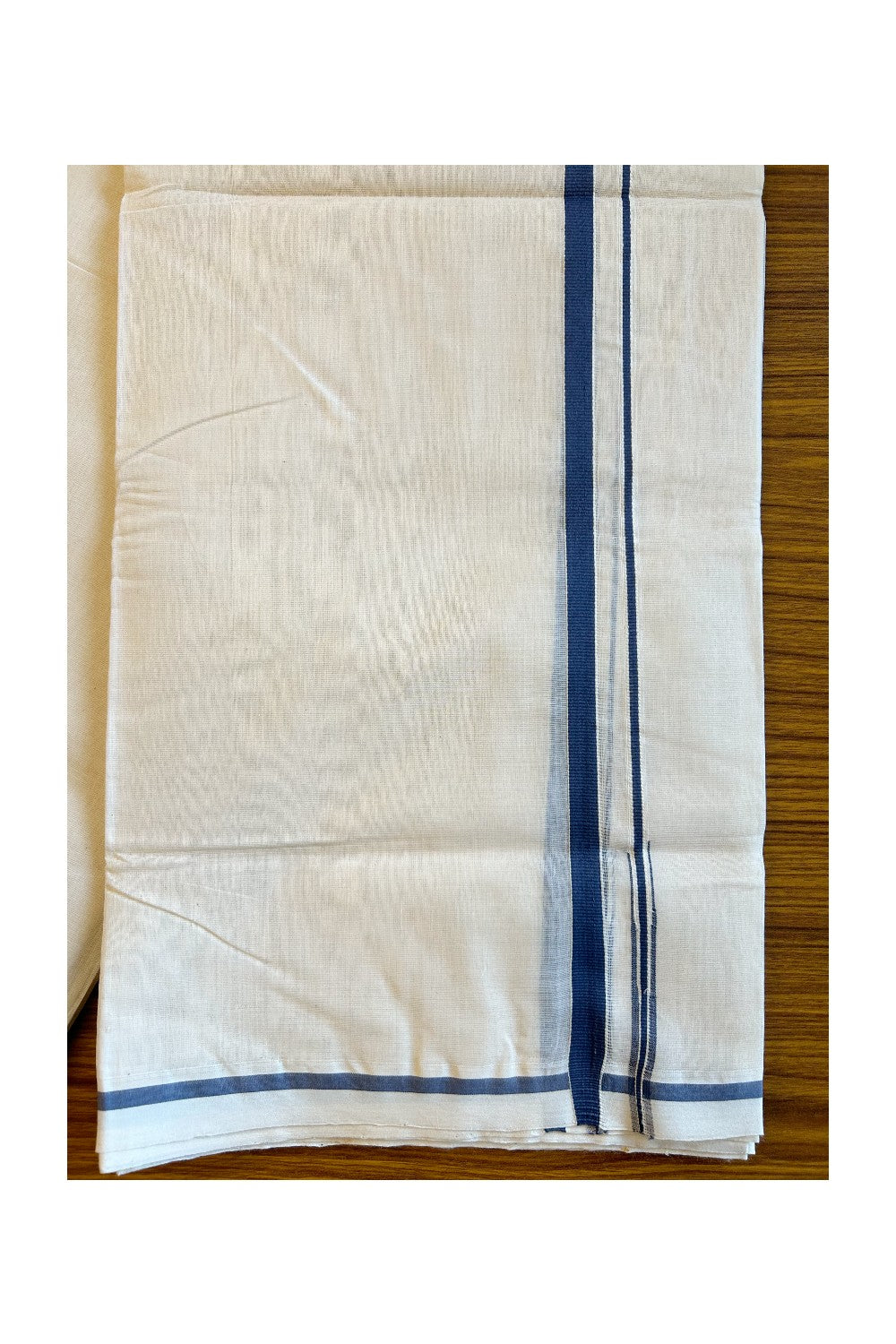 25% Discount! KaithariKada Handloom Millpaav Balaramapuram- 100% Pure Cotton 100x100 Double Mundu/Dhoti Off White (Unbleached) - Puliyilakkara Navy blue 1.cm Kara - 32KK456KK