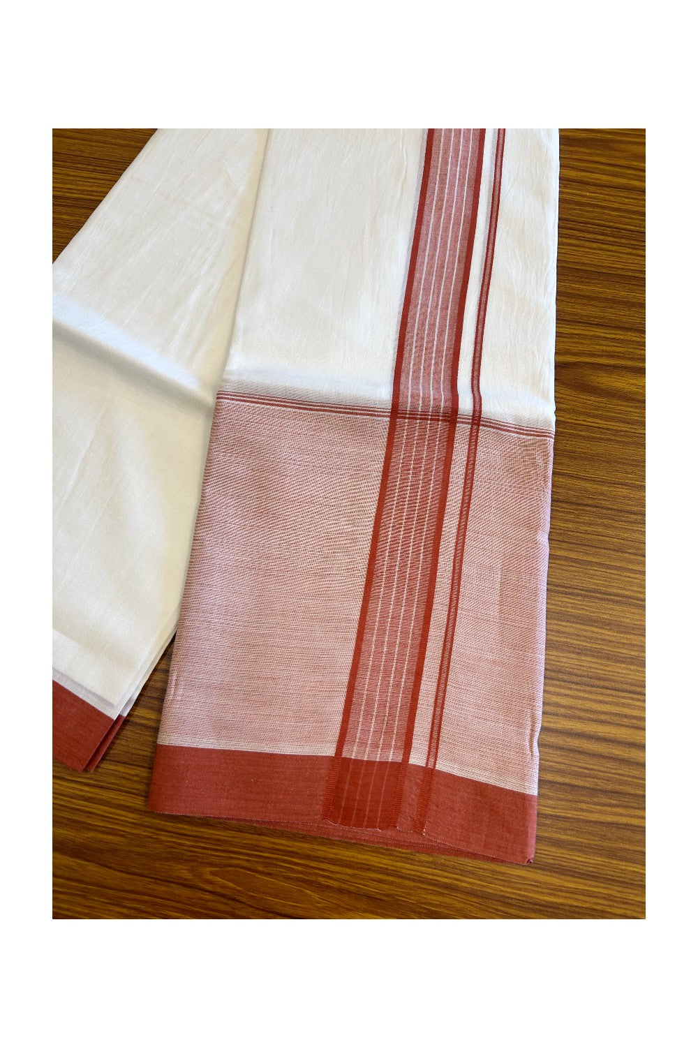15% DISCOUNT!! Kaitharikada Balaramapuram 100% Cotton PURE WHITE Double Mundu/Dothi-100x100 - 2 Inch RED Striped Cotton Kara 3.75m (8 Muzham) - 32KK5067KK