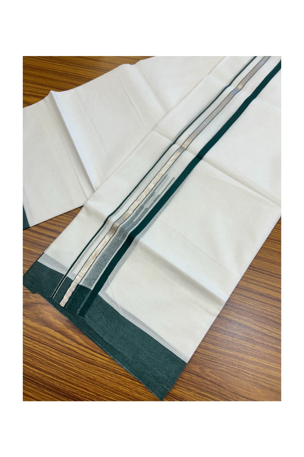 20% Discount ! Kaitharikada Balaramapuram 100% Cotton PURE WHITE Double Mundu/Dothi - 100x80 - 1.5 inch Silver Kasavu & Dark Green Striped chutty kara - 32KK5183VIN