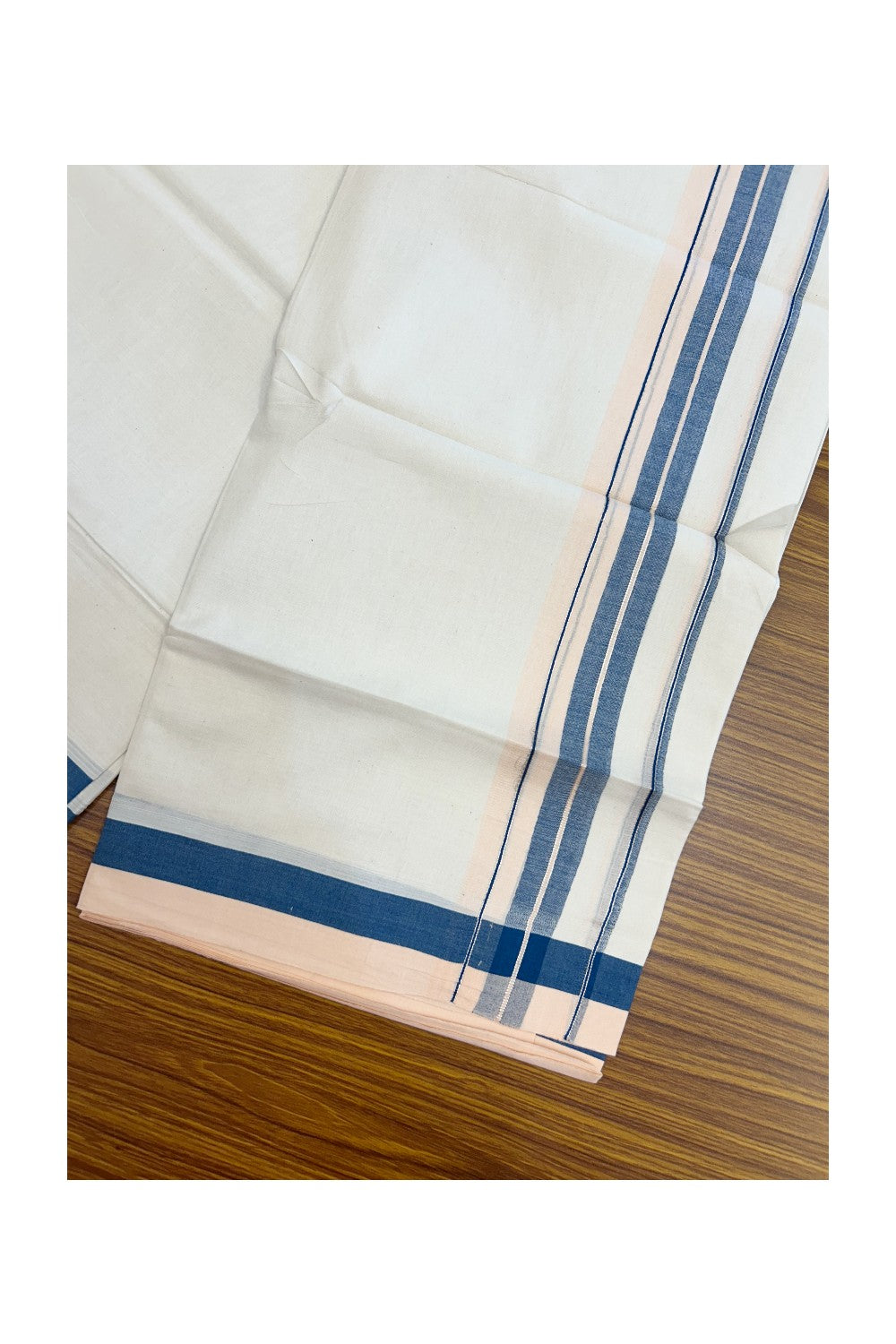 20% DISCOUNT !! KaithariKada Balaramapuram 100% Pure Cotton Double Off white - (Unbleached) Mundu/Dhoti-100x100 - 1.5 inch Puliyilakkara Silver Kasavu Light Peach & Peacock Blue Shaded Stripes Kara - 31KK5186CKS