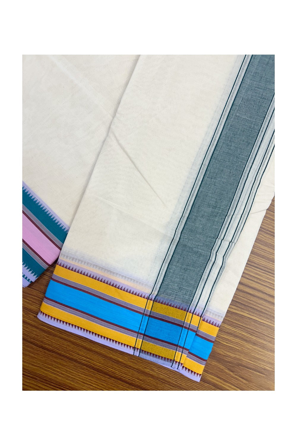 20% DISCOUNT! KaithariKada 100% Cotton Off White - (Unbleached) - Pure Cotton -100x100 thread - NORTH INDIAN - ATTACHED GAMCHA 9X5 Dhoti Dark green kara with Orange Blue & Green Pink Brown Striped border - 32KK5196PMC