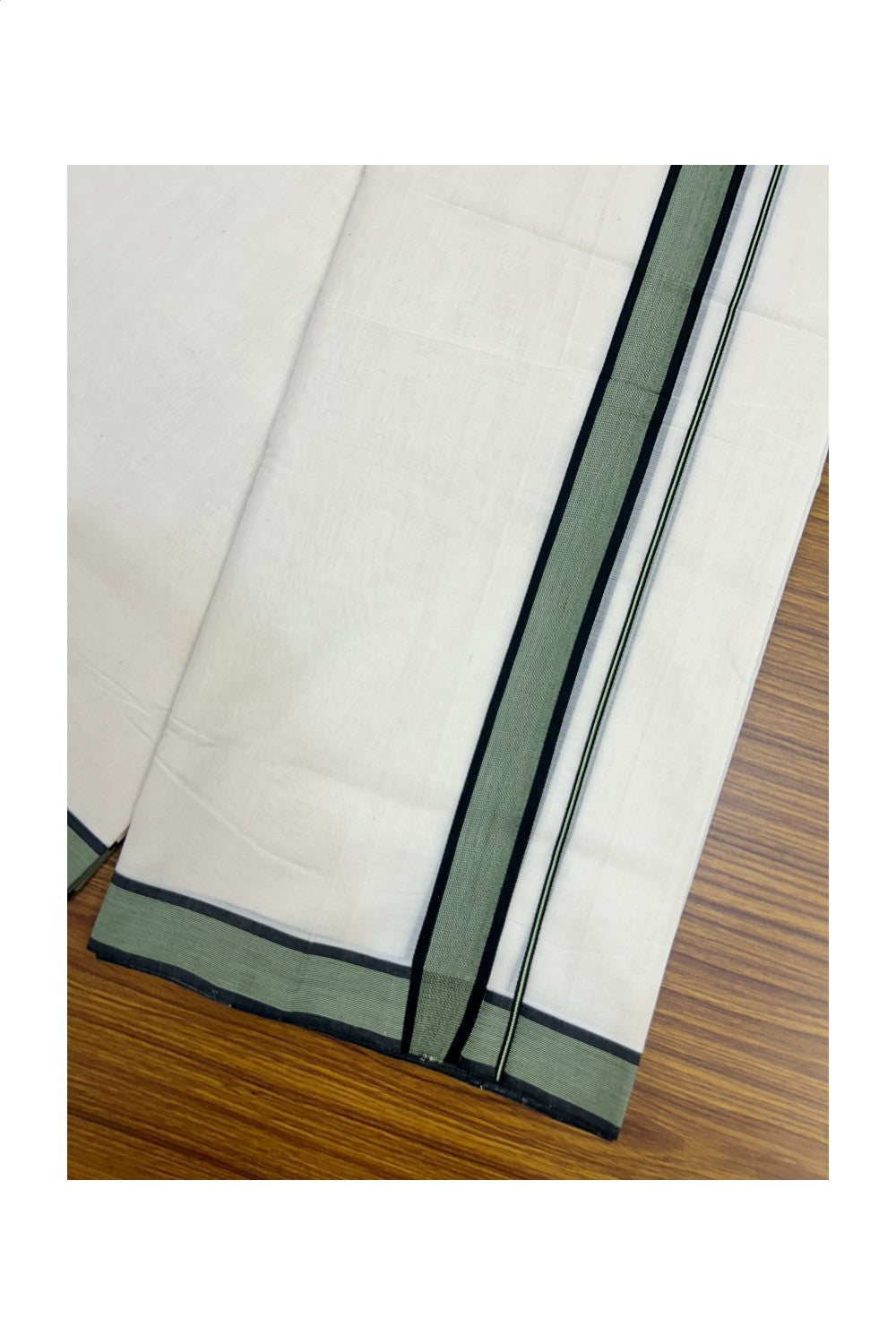 25% DISCOUNT!! KaithariKada HANDLOOM UNAKKUPAAV Balaramapuram - 100% PURE Cotton OFF White - (Unbleached) Double Mundu/Dothi - 80X100 - 1.5 inch Black & Green Striped Kara - 32KK5209 REA