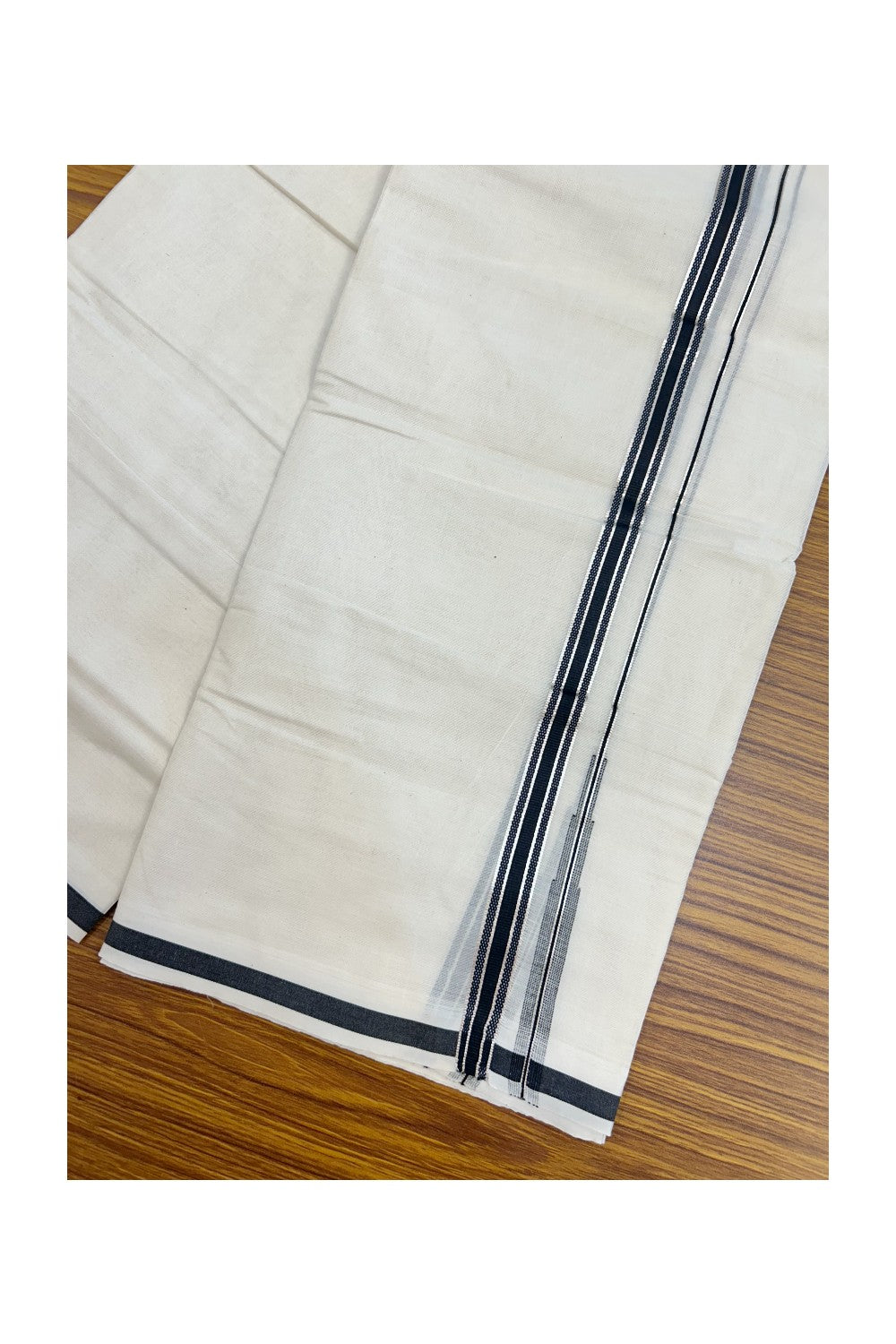 20% Discount ! KaithariKada Balaramapuram 100% Cotton Double OFF WHITE - (Unbleached) - Mundu / Dhoti- 100x80 - 1.5 cm Silver kasavu Black Puliyilakkara chutty - 32KK5213 VIN