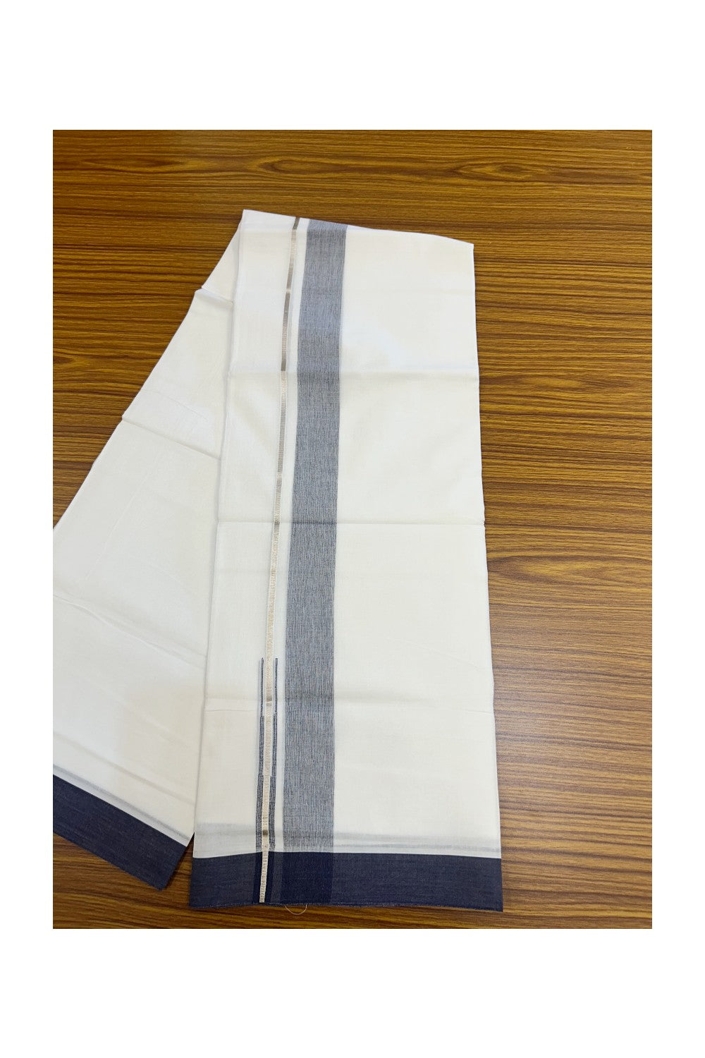 20% DISCOUNT!! Kaitharikada Balaramapuram 100% Pure Cotton PURE WHITE Double Mundu/Dothi - 100x80 - 1.75 Inch Silver Kasavu Navy Blue shaded Stripes Puliyilakkara Chutty - 32KK5217 CKS