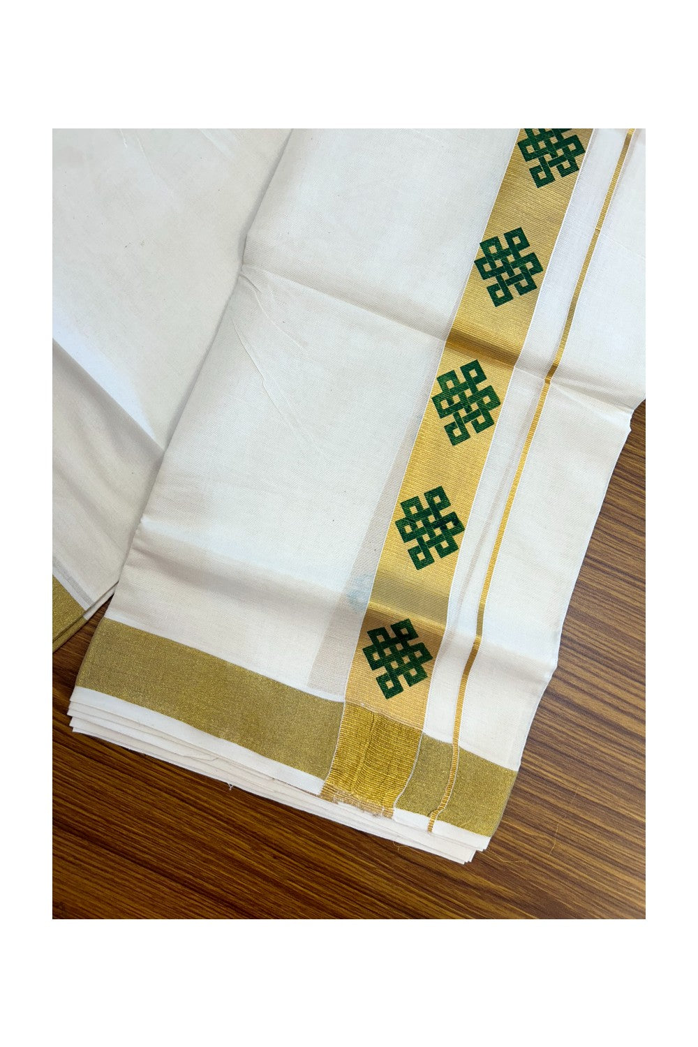 22% Discount!! KaithariKada Balaramapuram 100% Cotton DOUBLE OFF WHITE - (Ubleached) Mundu/Dhoti - 80x90 - 1.5 inch Gold Kasavu with Dark Green Printed Design Kara - 32KK5219 GAN