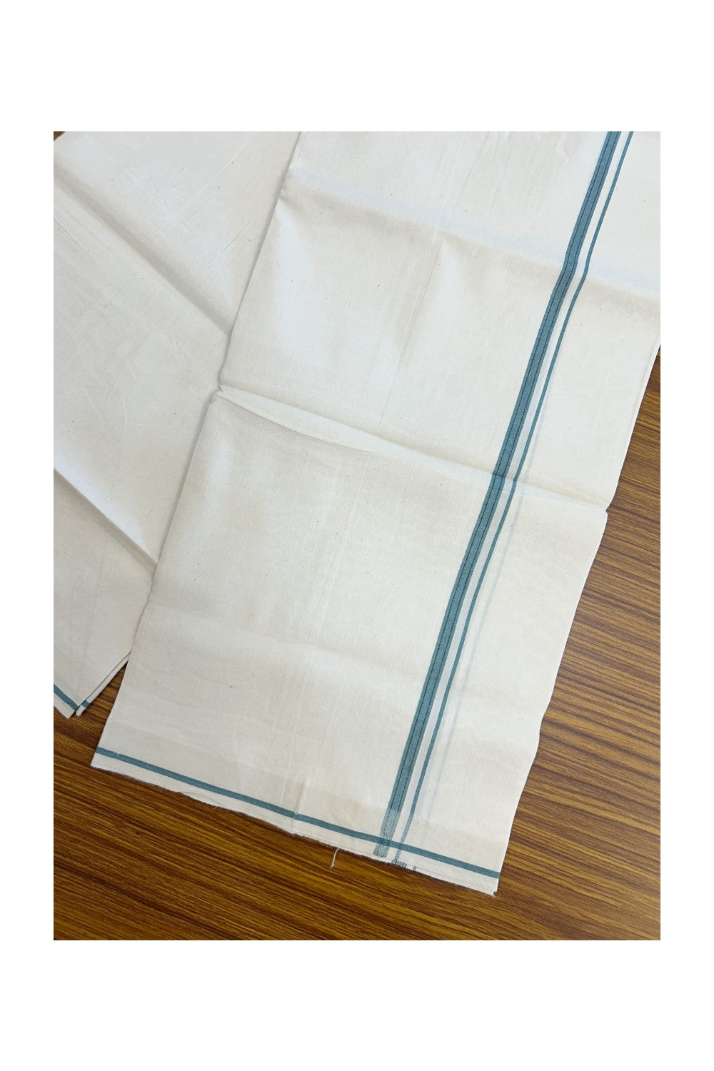 24% Discount !! KaithariKada Balaramapuram 100% Cotton OFF WHITE (Unbleached) Single Mundu/Dhoti - Twisted 60s Thread - 0.8 cm Teal shaded & Navy blue striped Kara (2 meter / 4 muzham) - 58KK5241 GL