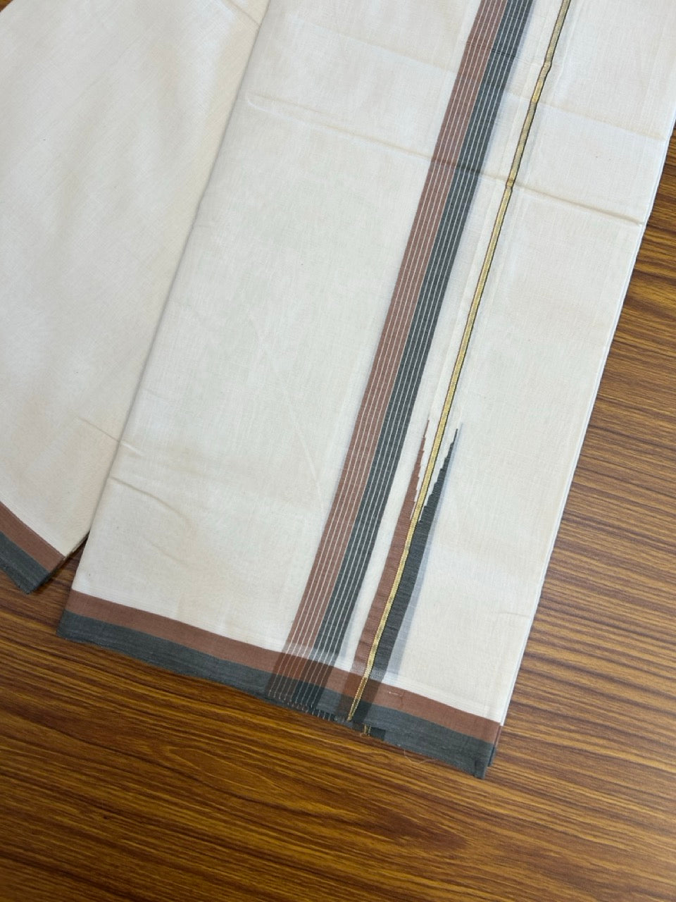 25% DISCOUNT!! KaithariKada HANDLOOM UNAKKUPAAV Balaramapuram - 100% PURE Cotton OFF White - (Unbleached) Double Mundu/Dothi - 100 x 80 - Black Brown Chutty Kara PURE JERRY - 4 meter - 32 KK5249 REA